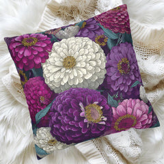 Zinnia Floral Pillow, Purple and White Flower Cushion, Botanical Throw Pillow Cover, Cottagecore Garden Decor, Vintage Bloom Accent