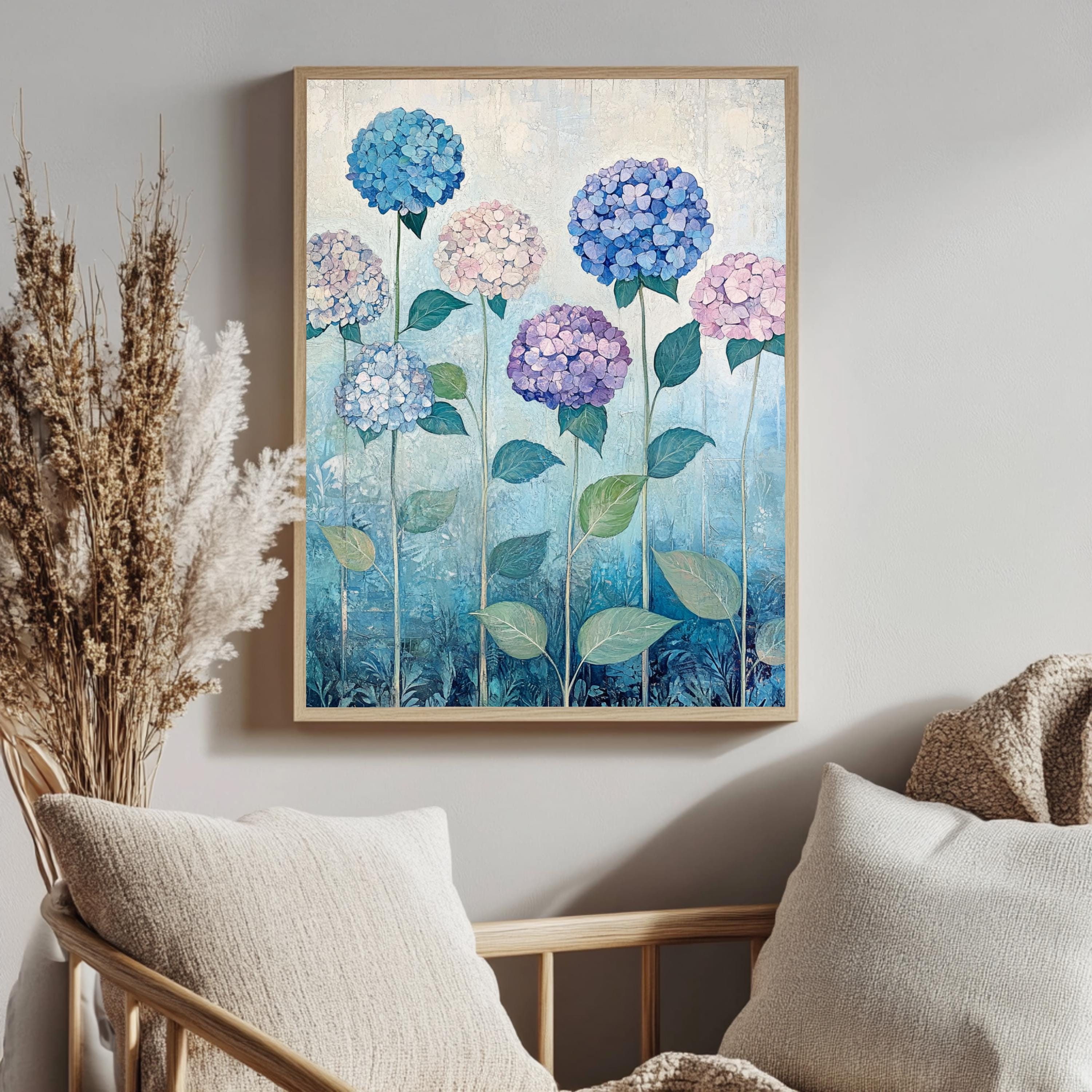 Hydrangea Field Wall Art, William Morris Inspired Floral Canvas, Multicolor Botanical Print, Wooden Framed Cottagecore Nature Home Decor