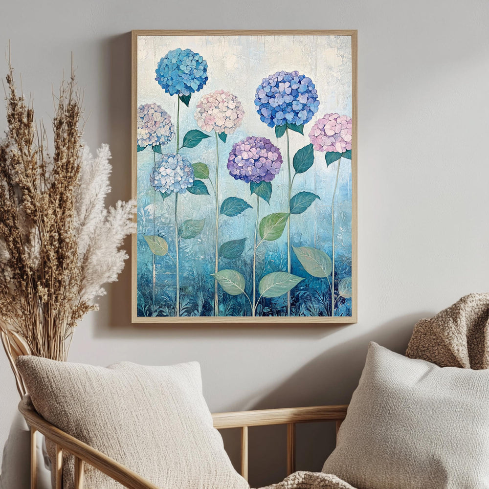 Hydrangea Field Wall Art, William Morris Inspired Floral Canvas, Multicolor Botanical Print, Wooden Framed Cottagecore Nature Home Decor