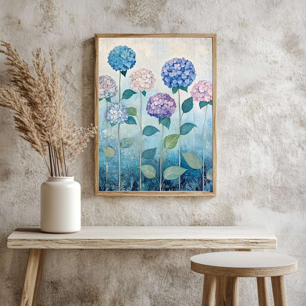Hydrangea Field Wall Art, William Morris Inspired Floral Canvas, Multicolor Botanical Print, Wooden Framed Cottagecore Nature Home Decor