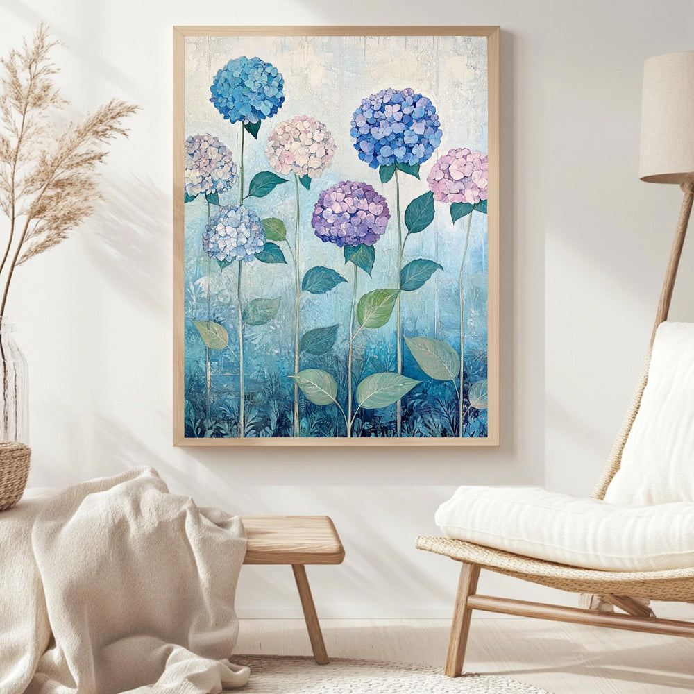 Hydrangea Field Wall Art, William Morris Inspired Floral Canvas, Multicolor Botanical Print, Wooden Framed Cottagecore Nature Home Decor