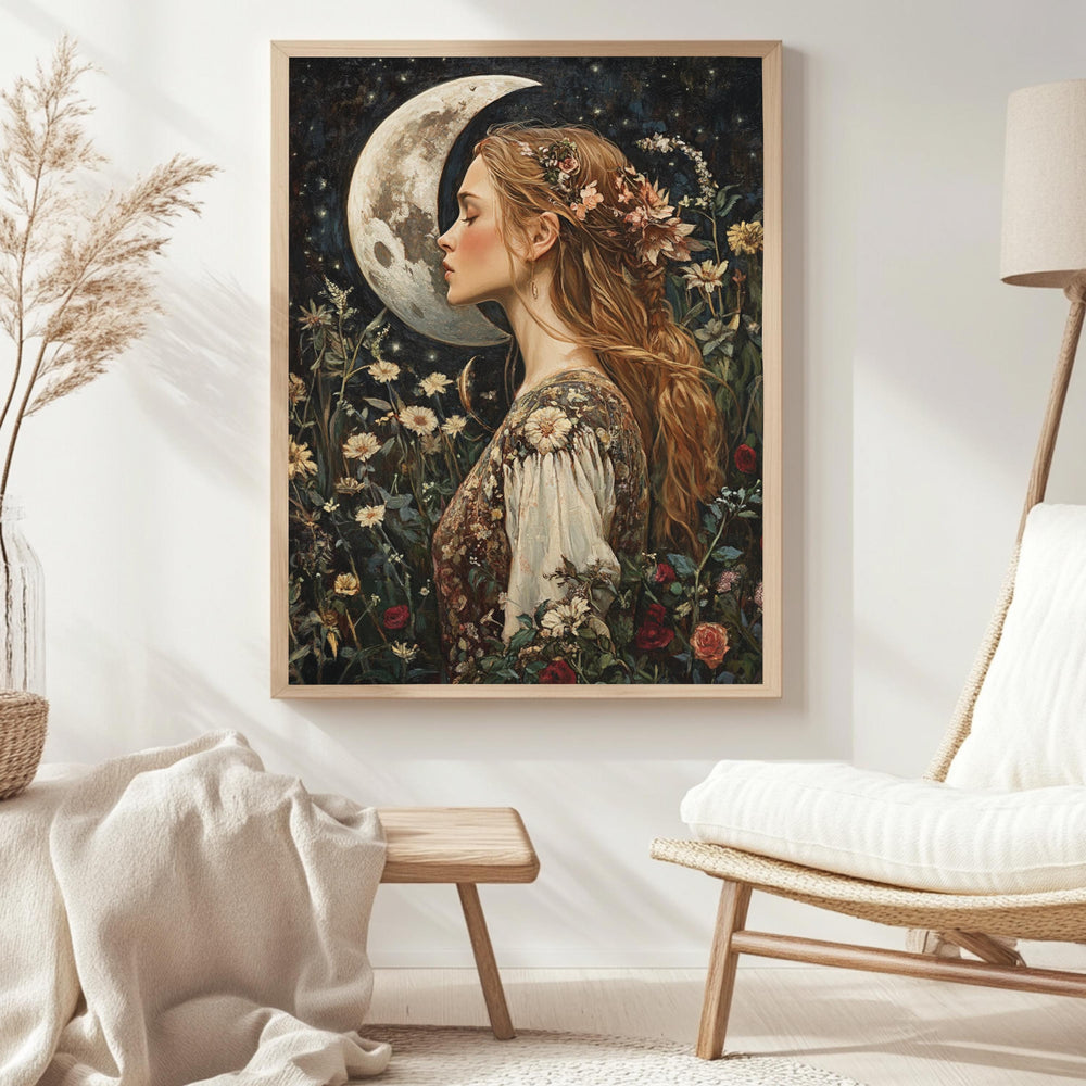 Moon Kiss Wall Art, William Morris Inspired Romantic Woman Canvas, Botanical Celestial Print, Wooden Framed Cottagecore Night Decor