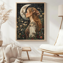 Moon Kiss Wall Art, William Morris Inspired Romantic Woman Canvas, Botanical Celestial Print, Wooden Framed Cottagecore Night Decor