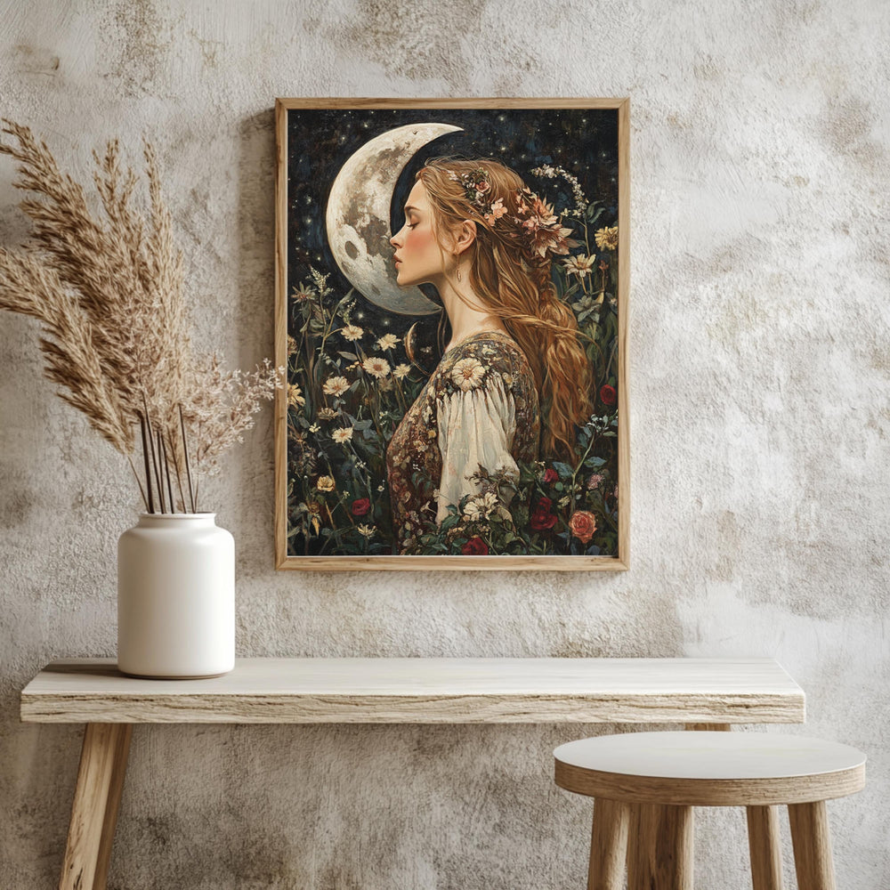 Moon Kiss Wall Art, William Morris Inspired Romantic Woman Canvas, Botanical Celestial Print, Wooden Framed Cottagecore Night Decor