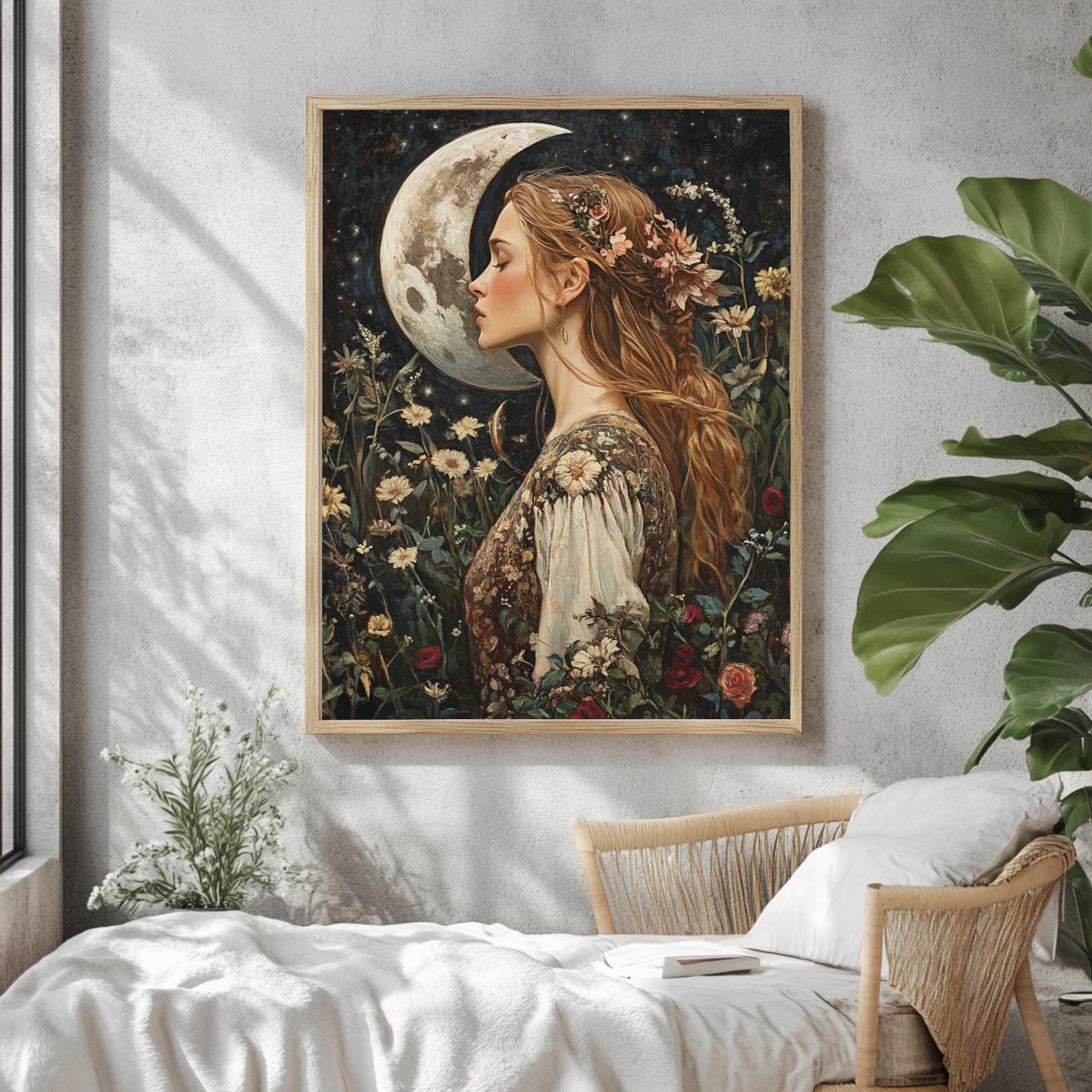 Moon Kiss Wall Art, William Morris Inspired Romantic Woman Canvas, Botanical Celestial Print, Wooden Framed Cottagecore Night Decor