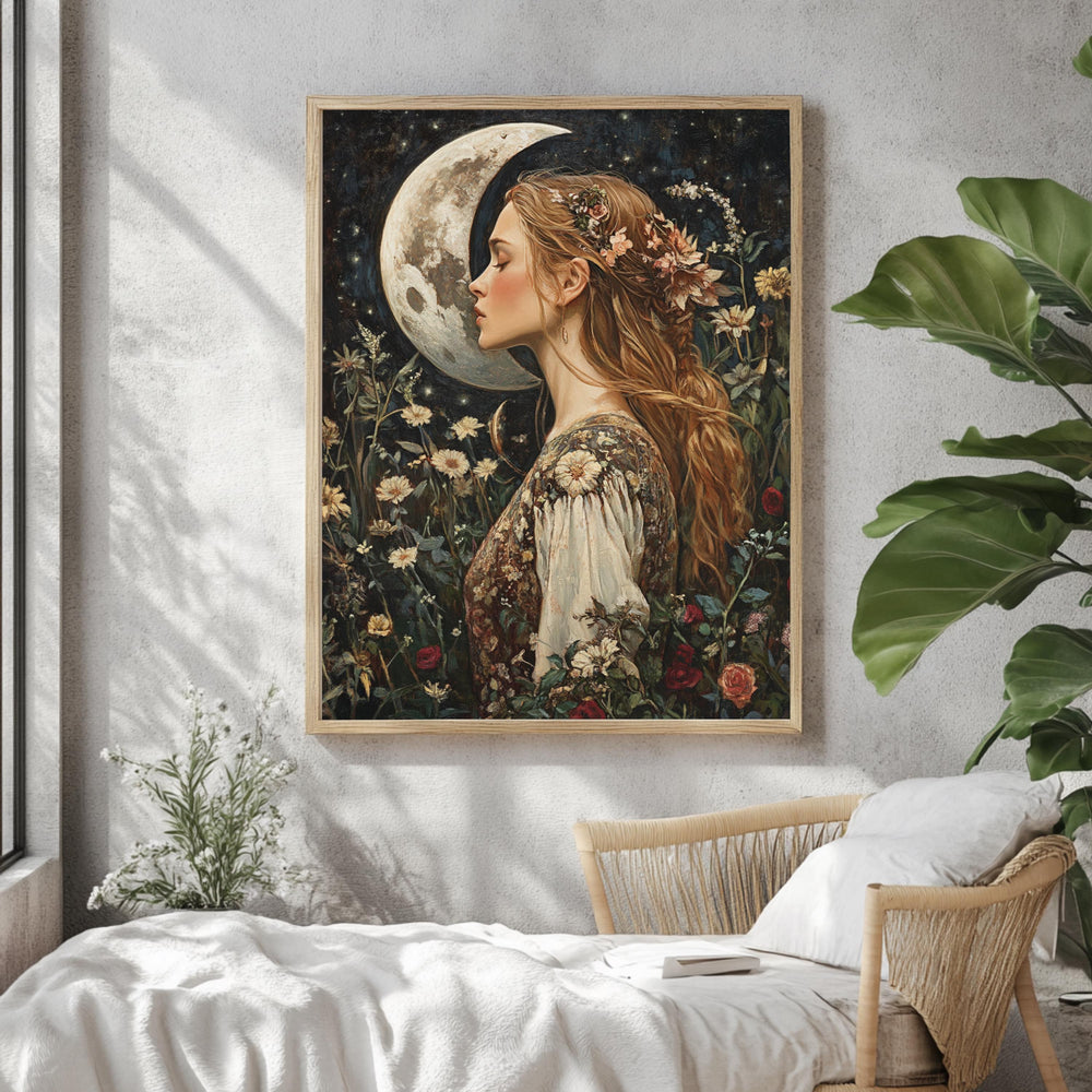 Moon Kiss Wall Art, William Morris Inspired Romantic Woman Canvas, Botanical Celestial Print, Wooden Framed Cottagecore Night Decor