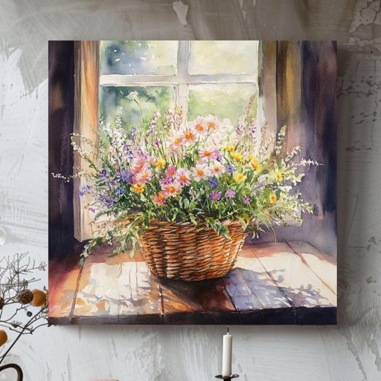 Basket Of Wildflowers Canvas Art, Farmhouse Wildflowers Watercolor Floral Art, Country Style Wall Art, Still Life Wildflower Painting