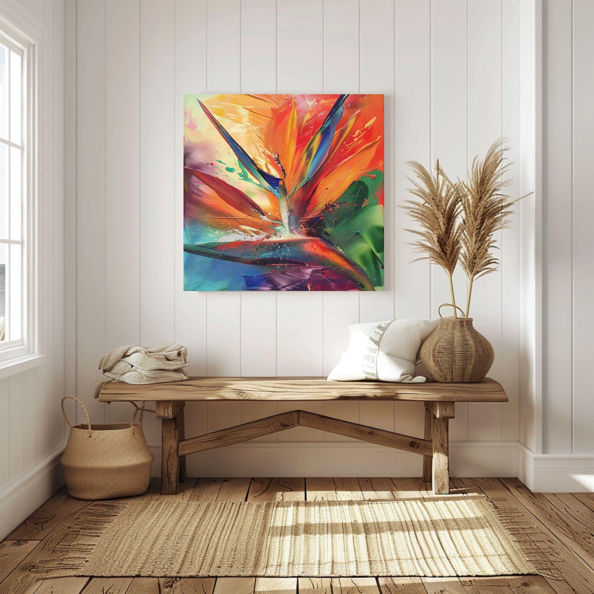 Vibrant Bird Of Paradise Wall Art Decor, Tropical Art Painting Decor, Ready To Hang Wall Decor, Beach Painting Canvas, Botanical Gift Idea