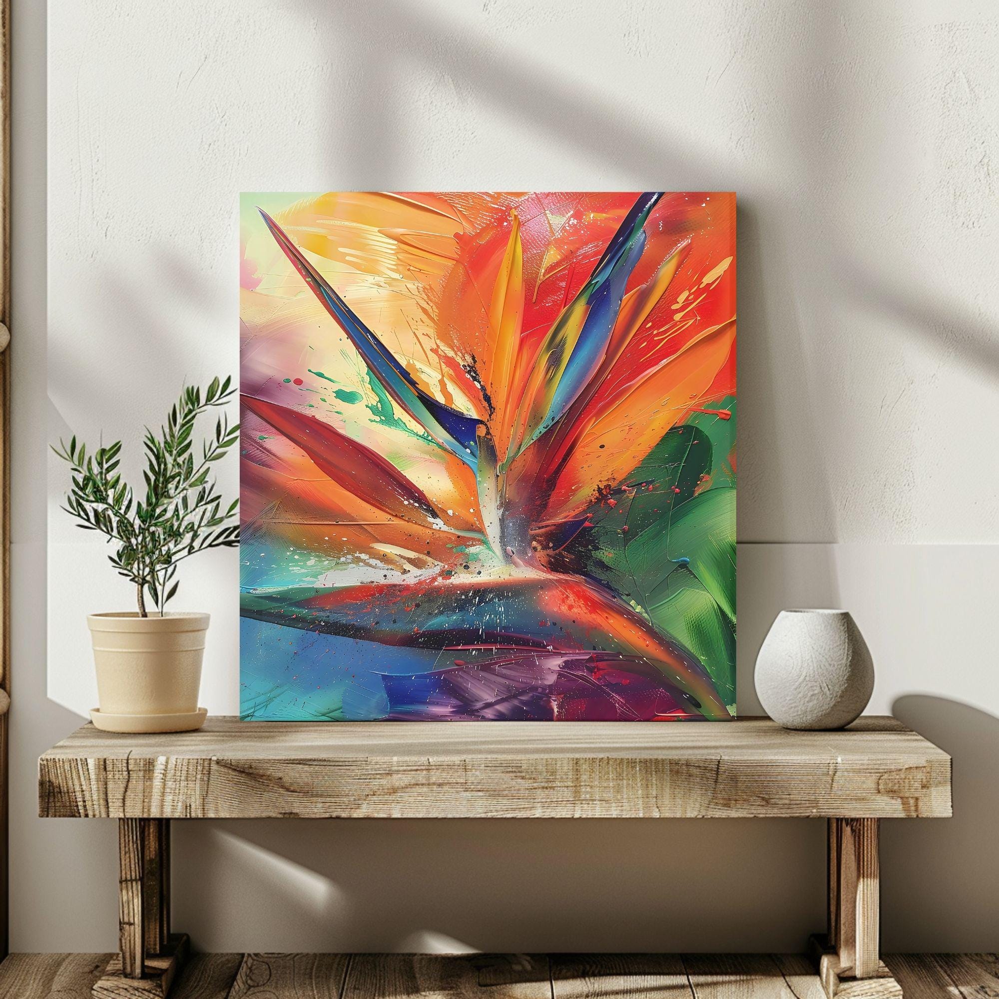 Vibrant Bird Of Paradise Wall Art Decor, Tropical Art Painting Decor, Ready To Hang Wall Decor, Beach Painting Canvas, Botanical Gift Idea
