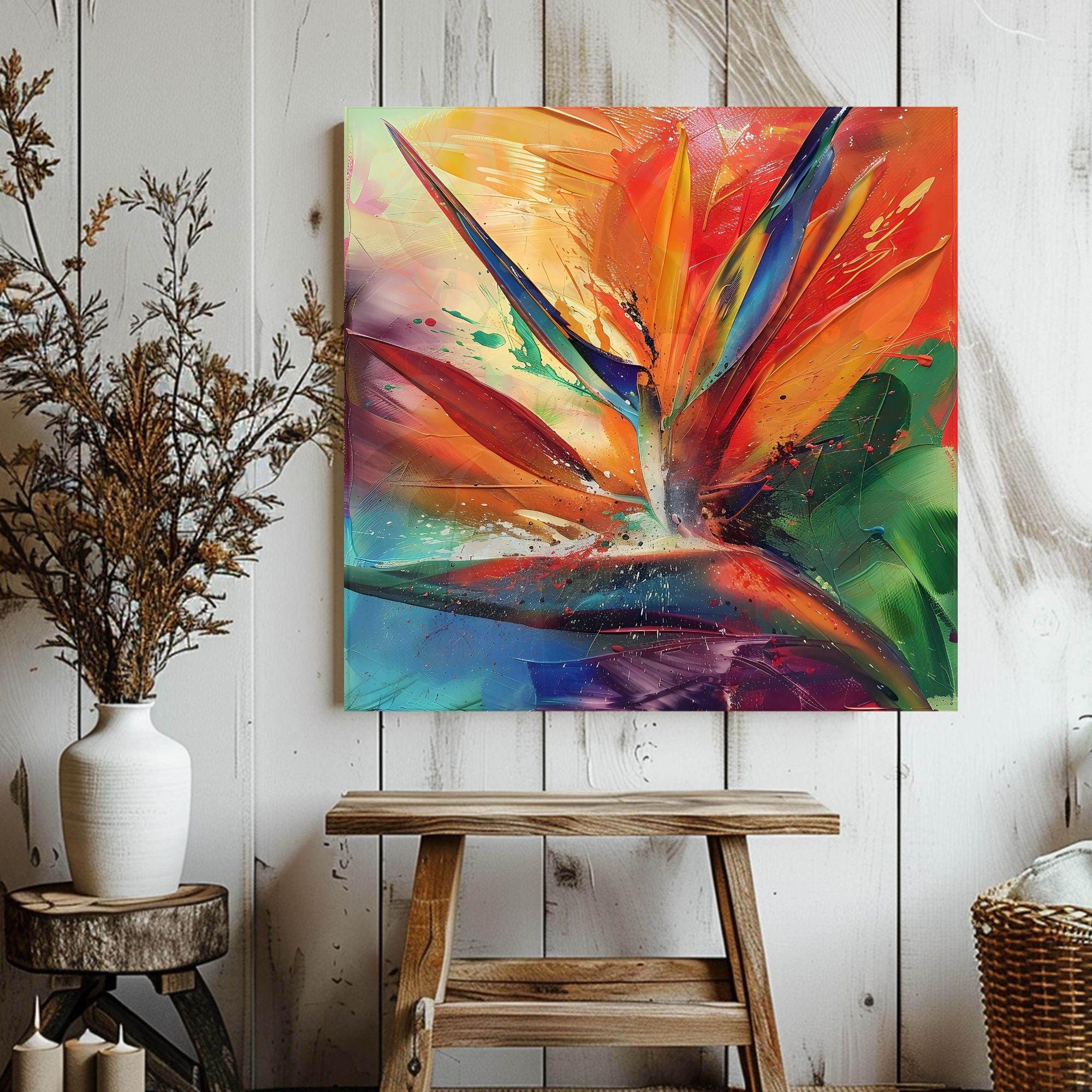Vibrant Bird Of Paradise Wall Art Decor, Tropical Art Painting Decor, Ready To Hang Wall Decor, Beach Painting Canvas, Botanical Gift Idea