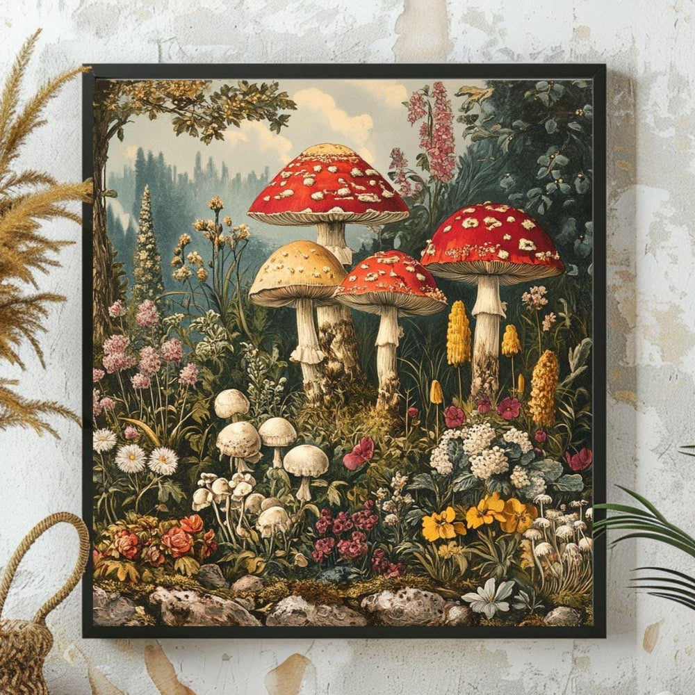 Vintage Mushroom Canvas Wall Art, Mushrooms in Forest Print, Cottagecore Home Decor Painting