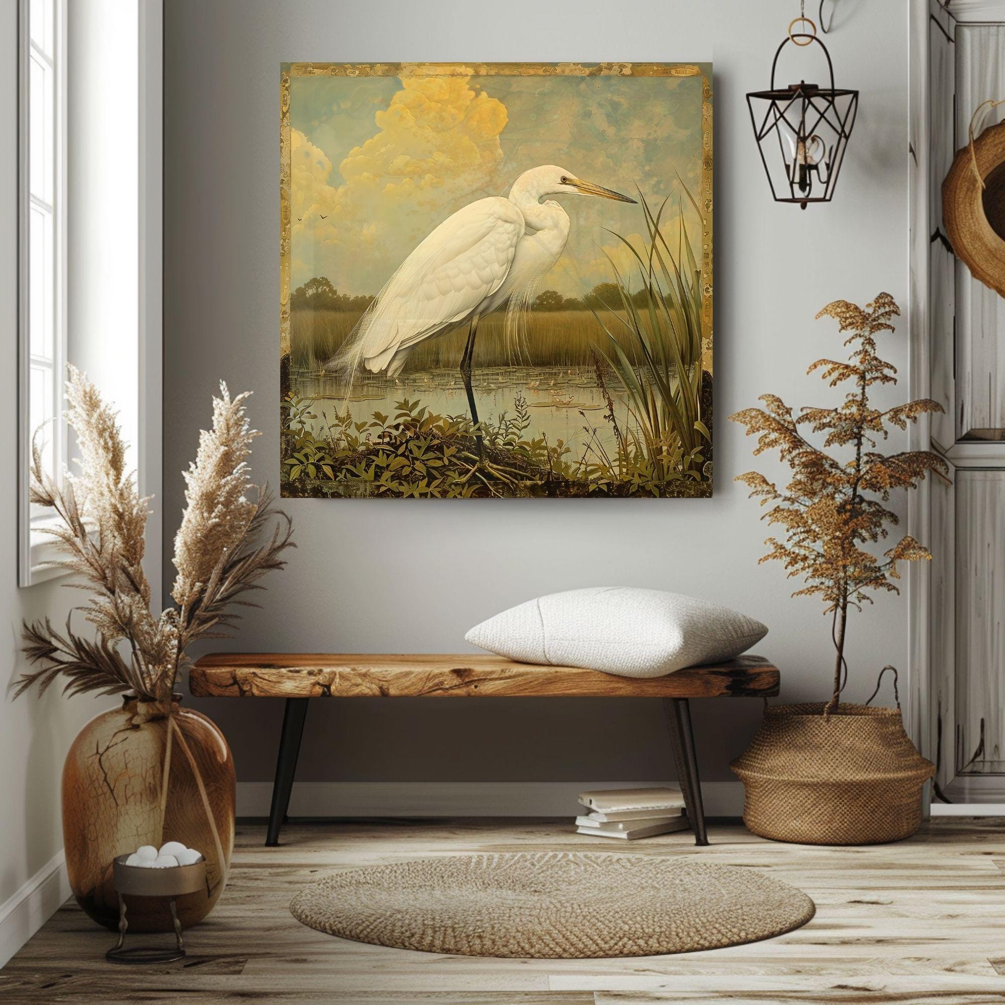Single Egret William Morris Style Art Canvas, Vintage Framed Bird Canvas Art, Vintage Inspired Illustration, Ready to Hang Decor, Home Gift
