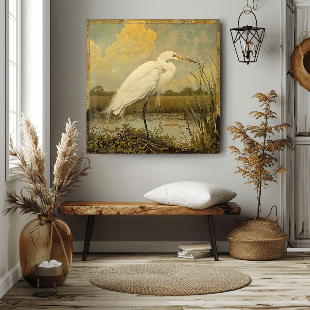 Single Egret William Morris Style Art Canvas, Vintage Framed Bird Canvas Art, Vintage Inspired Illustration, Ready to Hang Decor, Home Gift