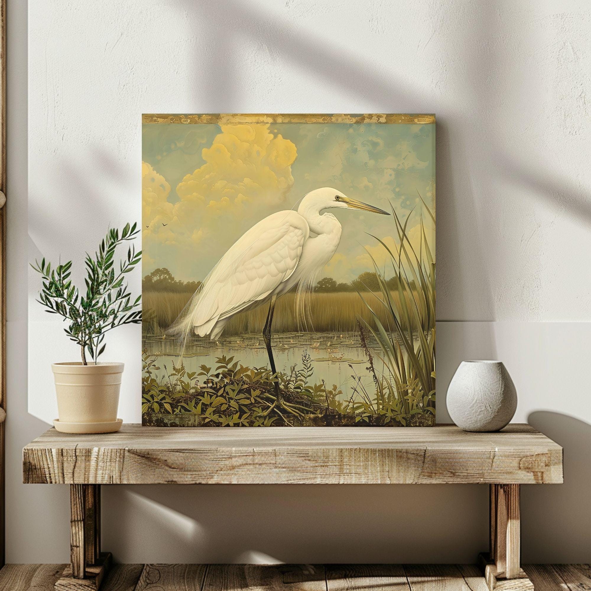 Single Egret William Morris Style Art Canvas, Vintage Framed Bird Canvas Art, Vintage Inspired Illustration, Ready to Hang Decor, Home Gift