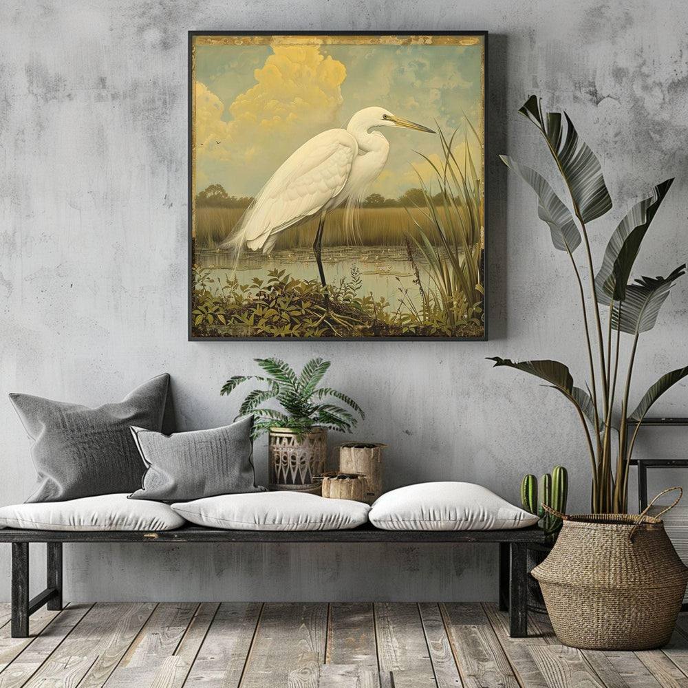 Single Egret William Morris Style Art Canvas, Vintage Framed Bird Canvas Art, Vintage Inspired Illustration, Ready to Hang Decor, Home Gift
