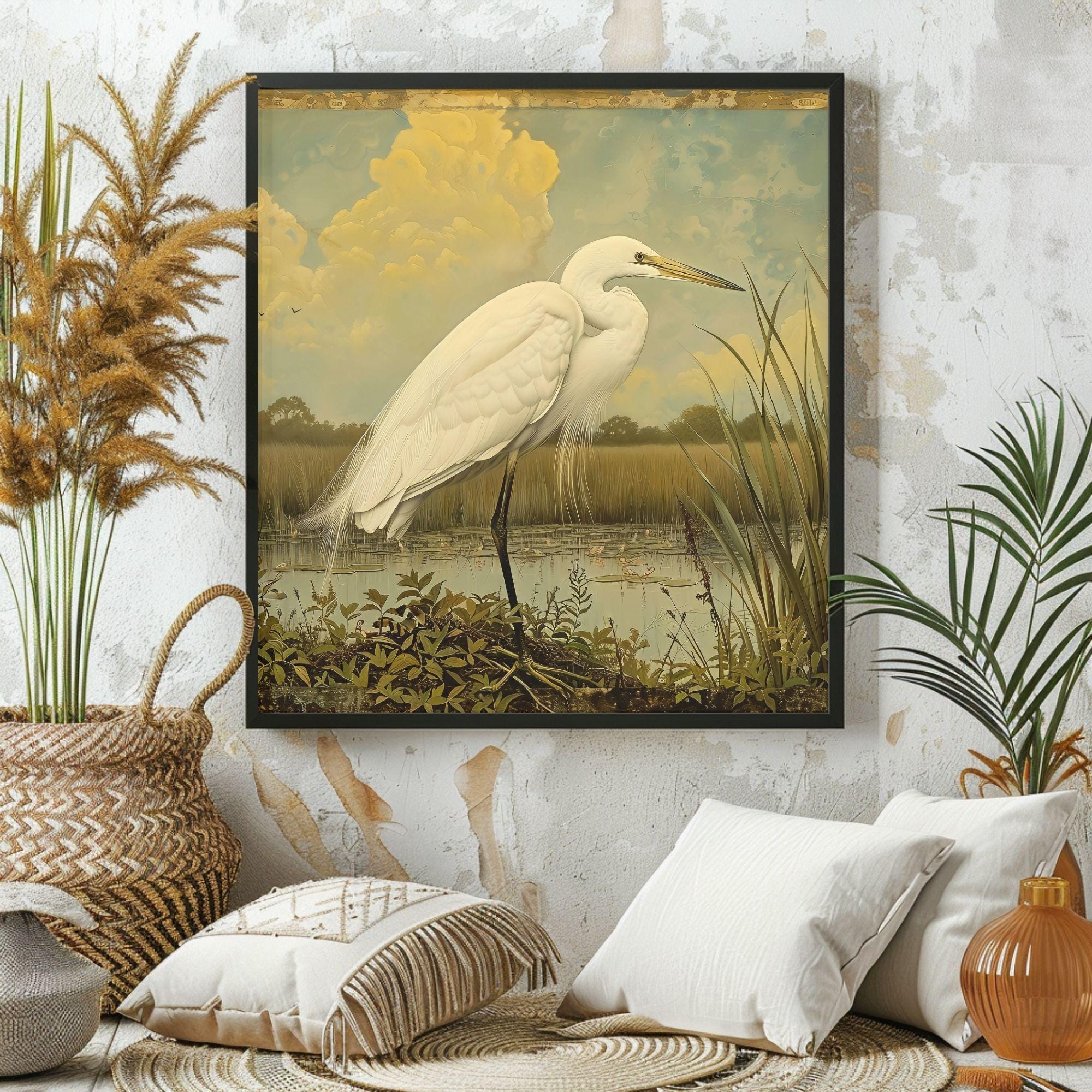 Single Egret William Morris Style Art Canvas, Vintage Framed Bird Canvas Art, Vintage Inspired Illustration, Ready to Hang Decor, Home Gift