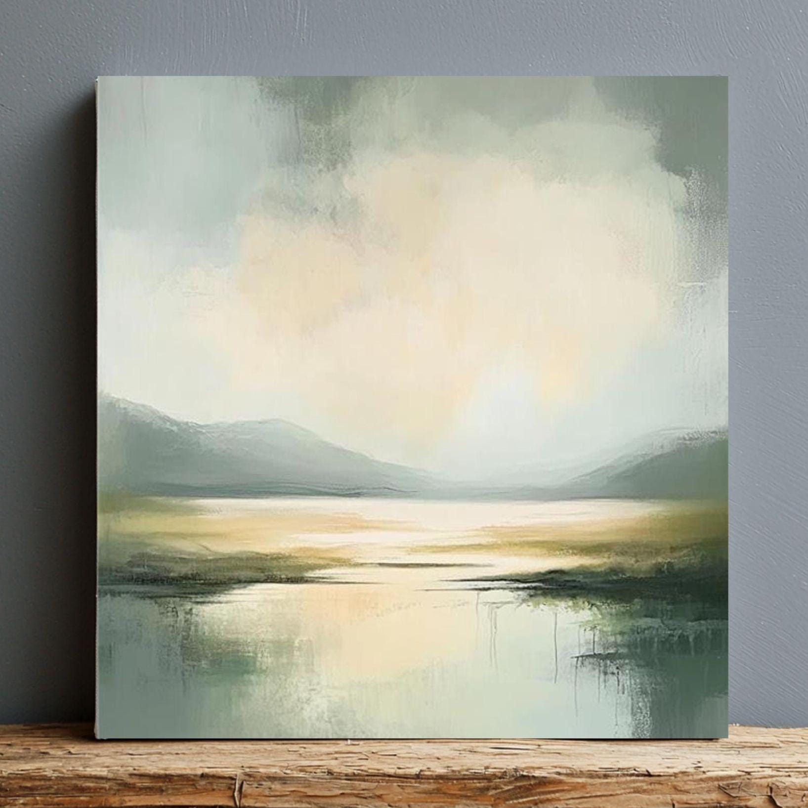 Misty Coast Abstract Canvas Art, Soft Moody Pale Green Coastal Painting, Framed Ocean Wall Art, Minimalist Seascape