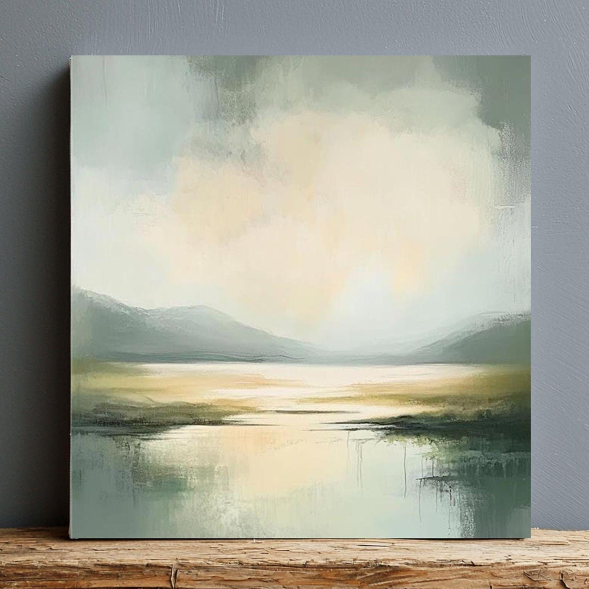 Misty Coast Abstract Canvas Art, Soft Moody Pale Green Coastal Painting, Framed Ocean Wall Art, Minimalist Seascape