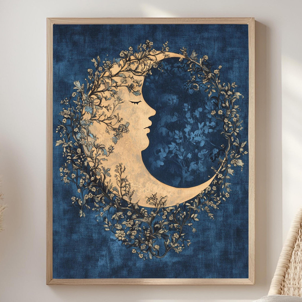Floral Moon Wall Art, William Morris Inspired Celestial Canvas, Dreamy Botanical Print, Wooden Framed Mystical Night Sky Home Decor