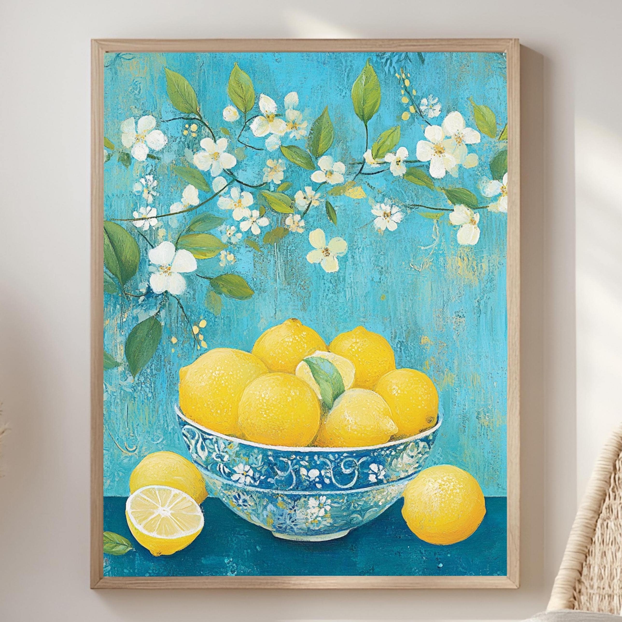Lemon Bowl Wall Art, William Morris Inspired Floral Canvas, Blue and Yellow Kitchen Decor, Natural Wood Framed Print, Cottagecore Accent
