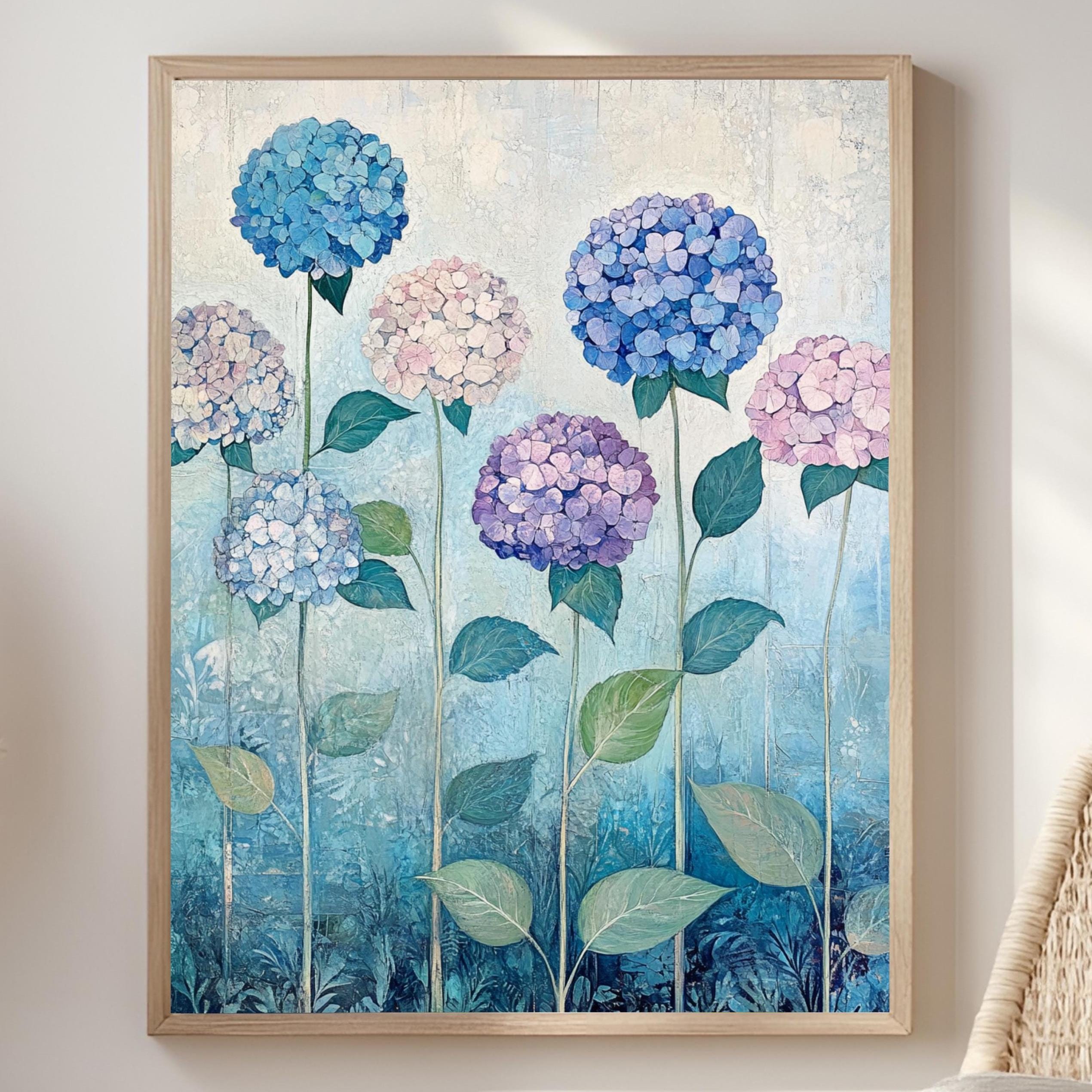 Hydrangea Field Wall Art, William Morris Inspired Floral Canvas, Multicolor Botanical Print, Wooden Framed Cottagecore Nature Home Decor