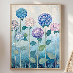 Hydrangea Field Wall Art, William Morris Inspired Floral Canvas, Multicolor Botanical Print, Wooden Framed Cottagecore Nature Home Decor