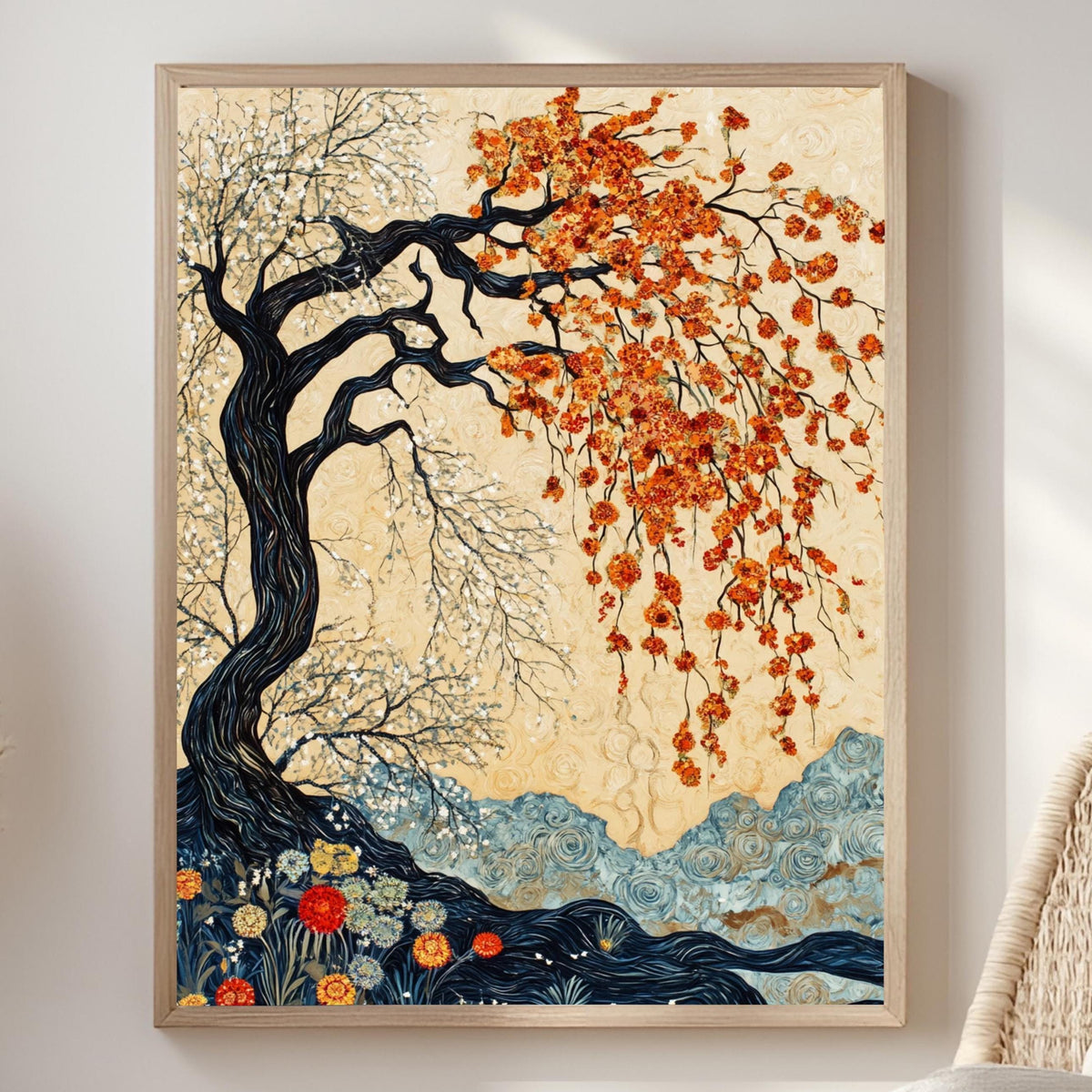 Willow Tree Wall Art, William Morris Inspired Seasonal Canvas, Autumn and Spring Dual Tree Print, Wooden Framed Nature Home Decor