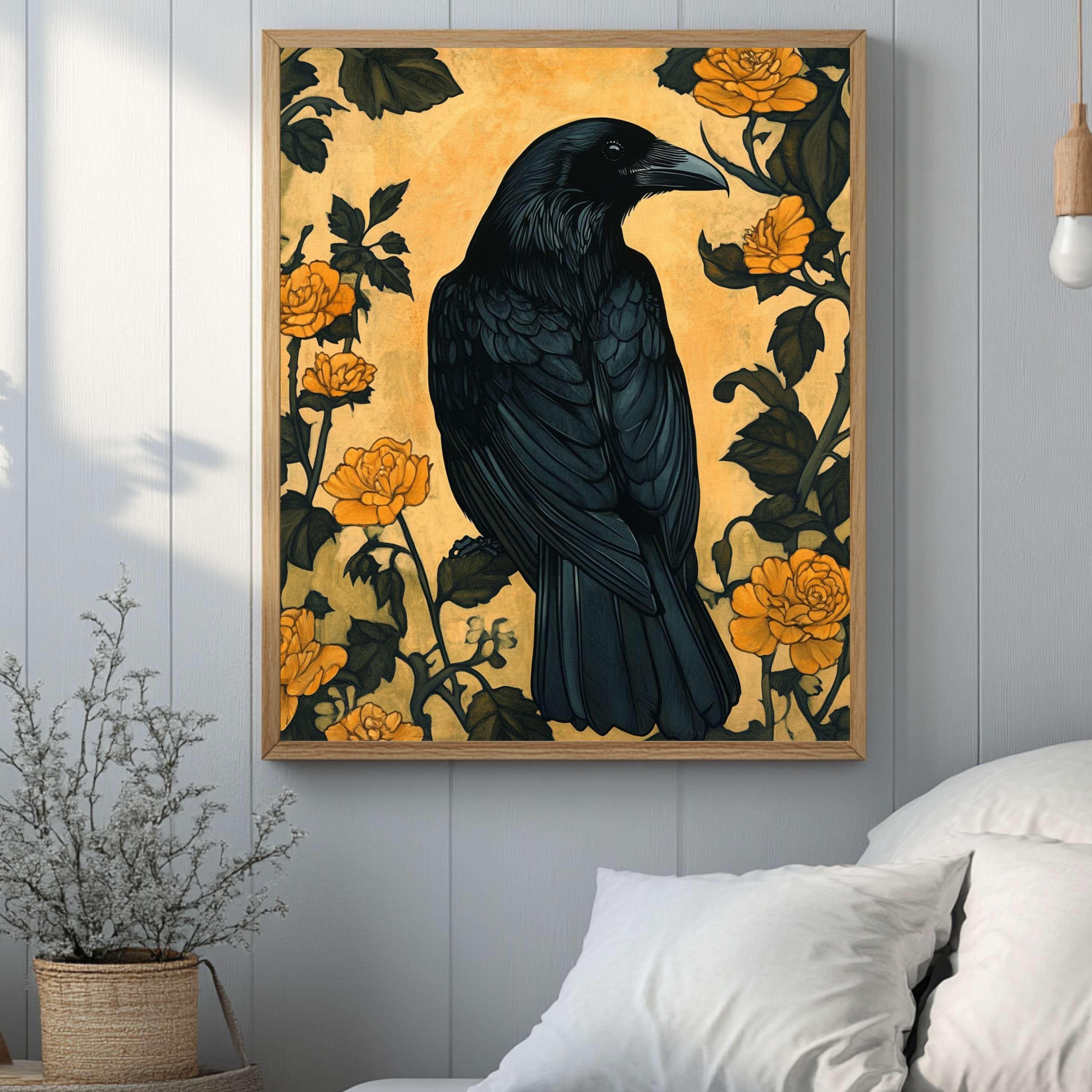 Black Raven William Morris Style Wooden Framed Canvas Art, Gothic Nature Wall Art, Dark Academia Home Decor, Nature Inspired Home Gallery