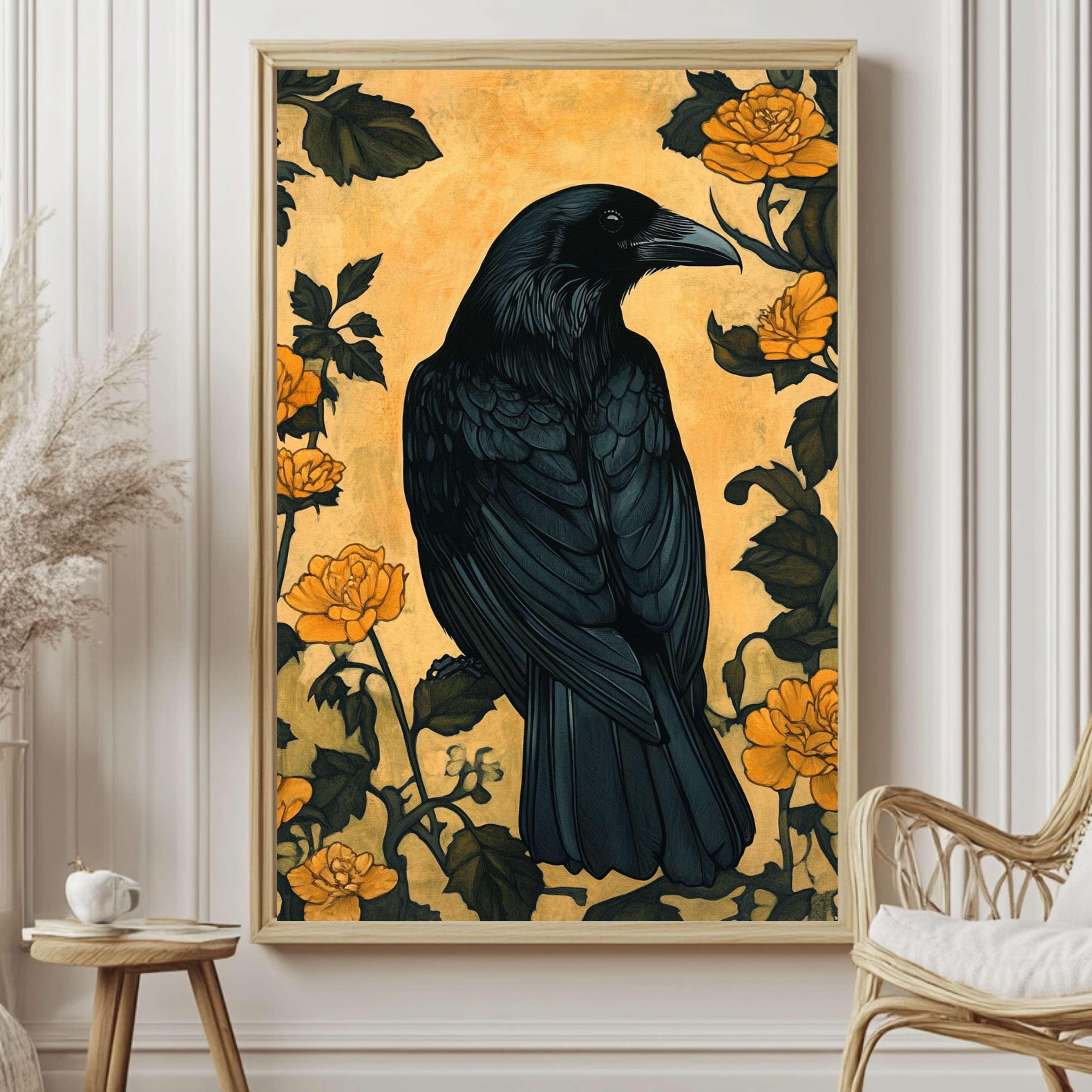 Black Raven William Morris Style Wooden Framed Canvas Art, Gothic Nature Wall Art, Dark Academia Home Decor, Nature Inspired Home Gallery