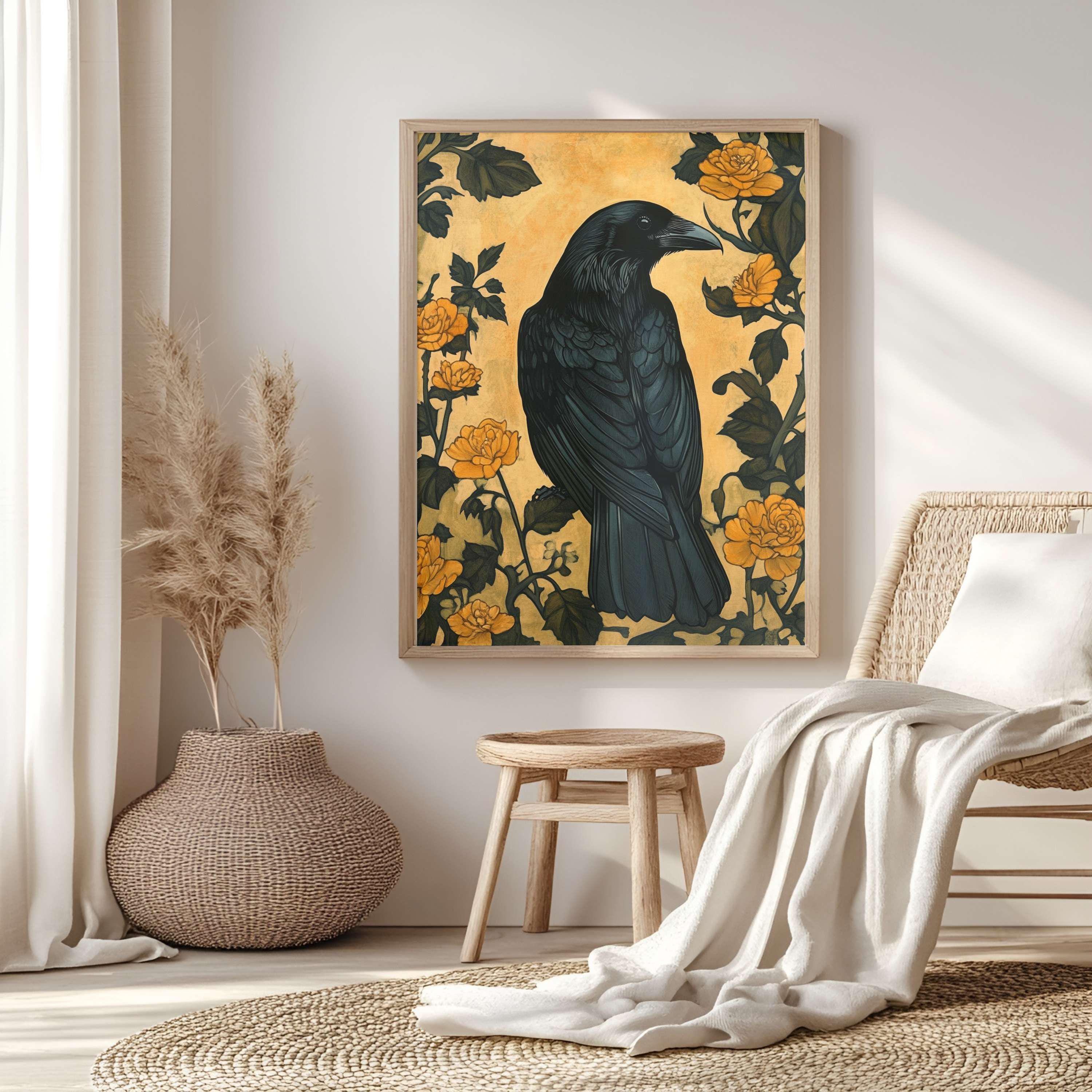 Black Raven William Morris Style Wooden Framed Canvas Art, Gothic Nature Wall Art, Dark Academia Home Decor, Nature Inspired Home Gallery