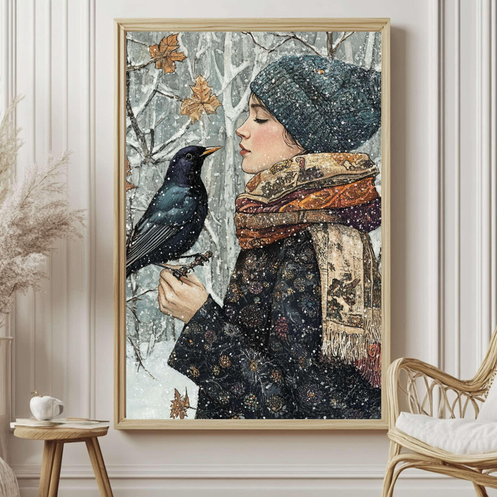 Winter Cardinal William Morris Style Framed Canvas Art, Botanical Vintage Bird Print, Nature Inspired Home Gallery, Cottagecore Winter Decor