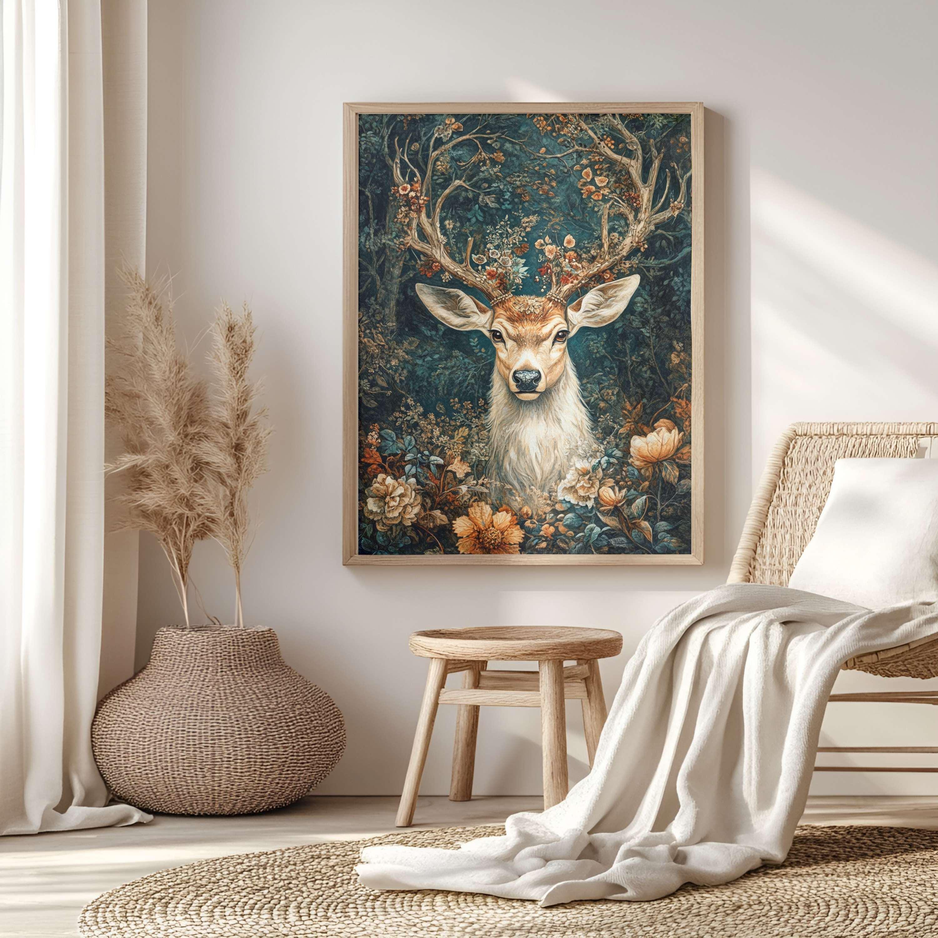 Mystical Deer in the Forest Canvas Wall Art, Framed Wooden Canvas Animal Print, Rustic Woodland Home Decor, Nature Inspired Home Gallery