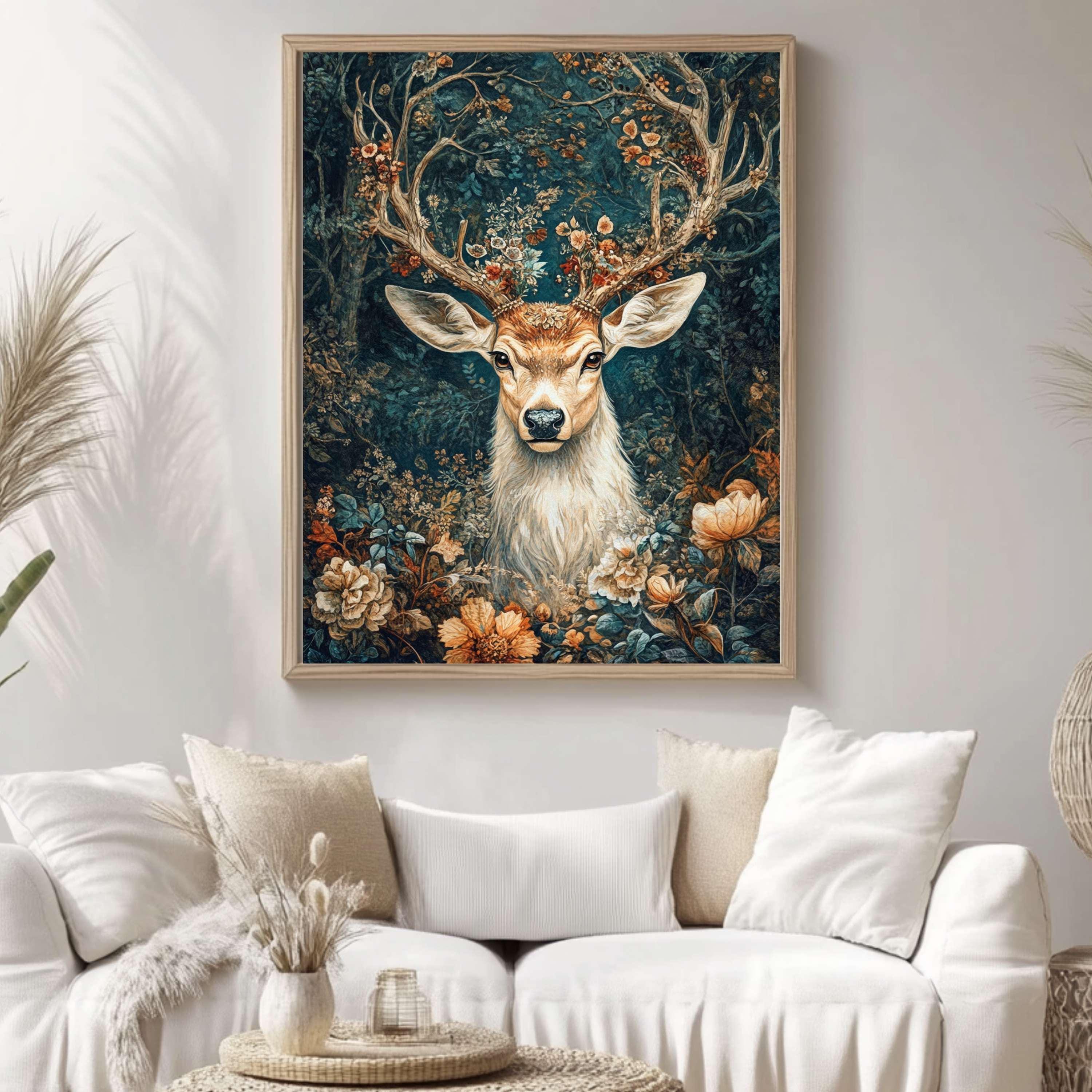 Mystical Deer in the Forest Canvas Wall Art, Framed Wooden Canvas Animal Print, Rustic Woodland Home Decor, Nature Inspired Home Gallery