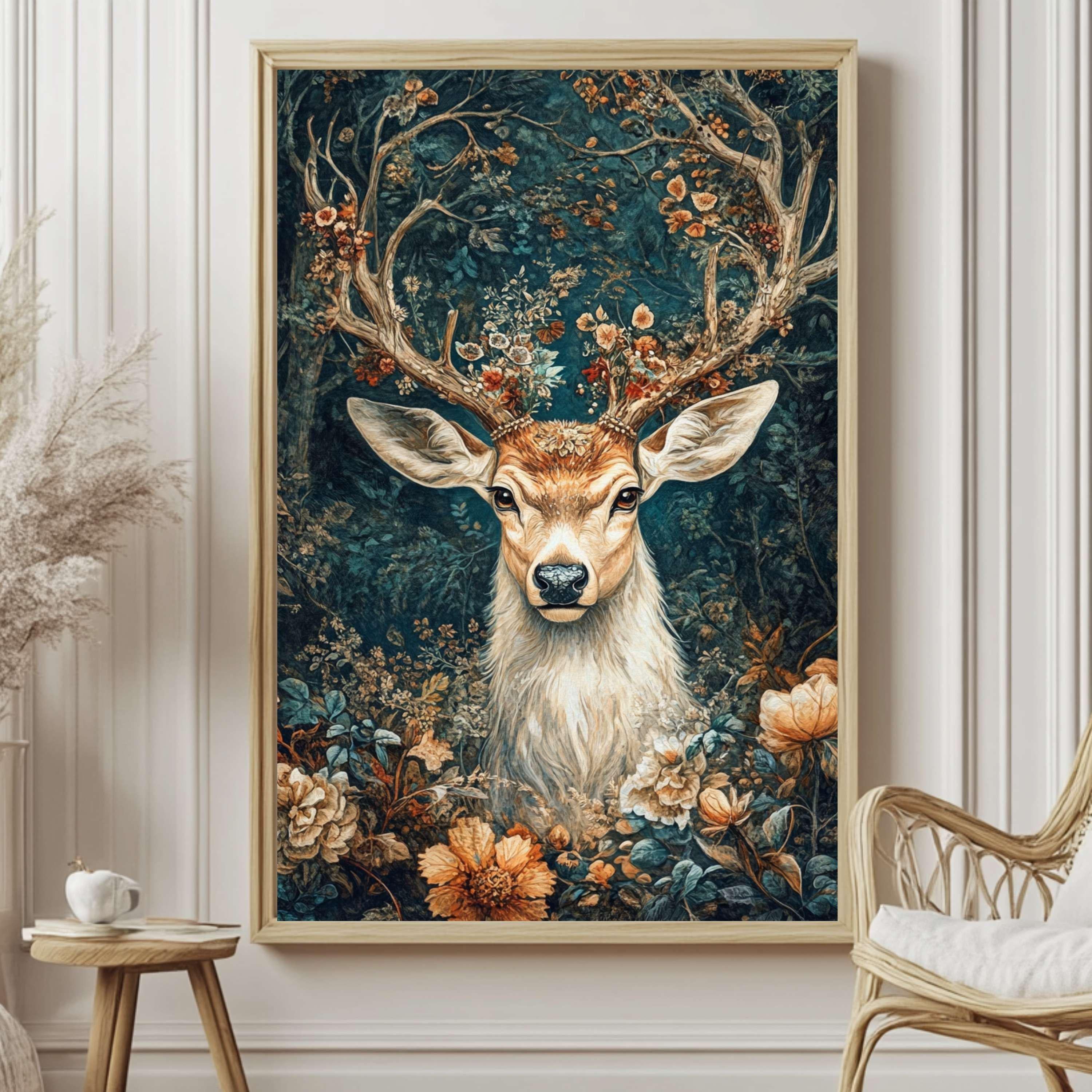 Mystical Deer in the Forest Canvas Wall Art, Framed Wooden Canvas Animal Print, Rustic Woodland Home Decor, Nature Inspired Home Gallery