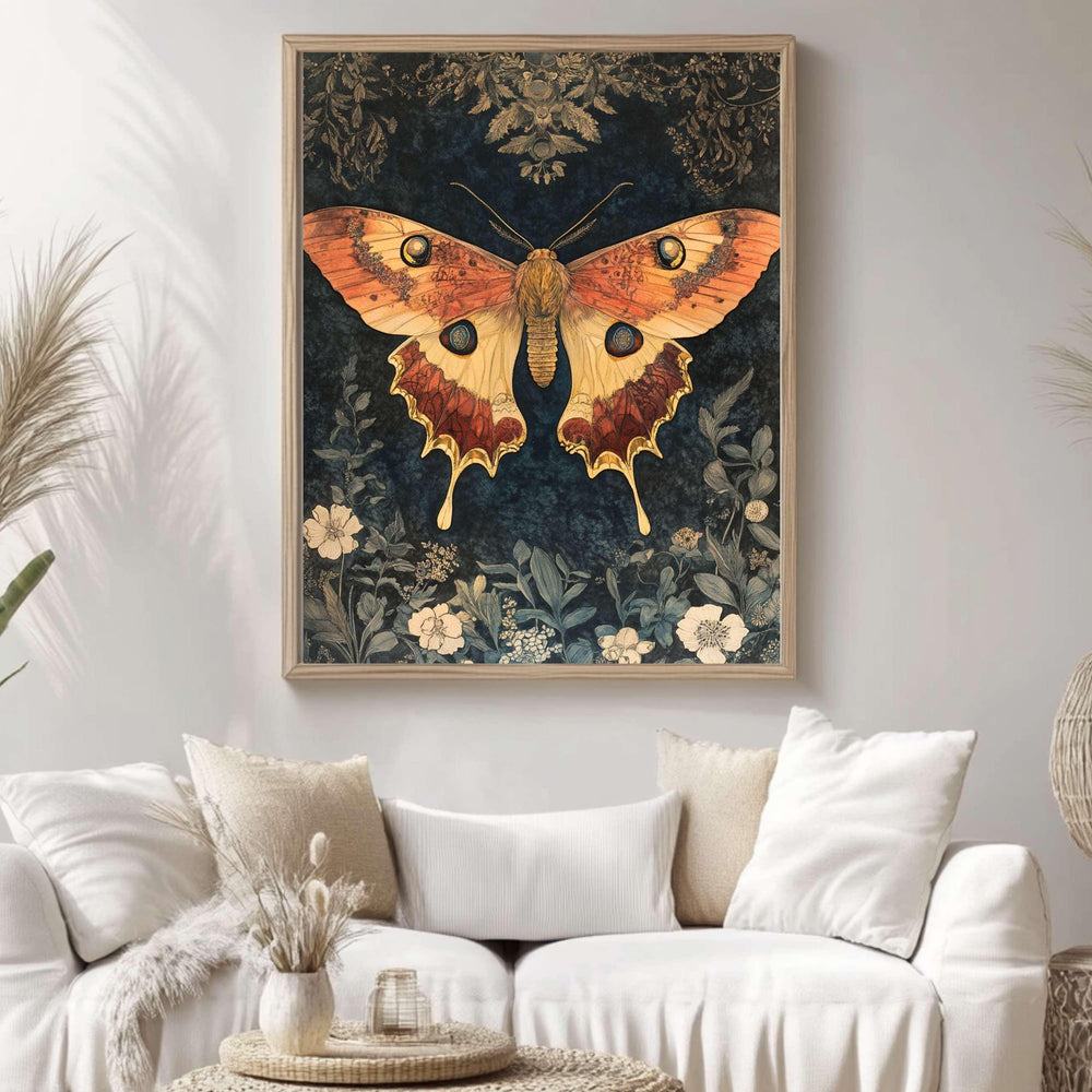 Mystical Garden Moth William Morris Style Wall Art, Framed Wooden Canvas Moth Print, Vintage Aesthetic Decor, Nature Inspired Home Gallery