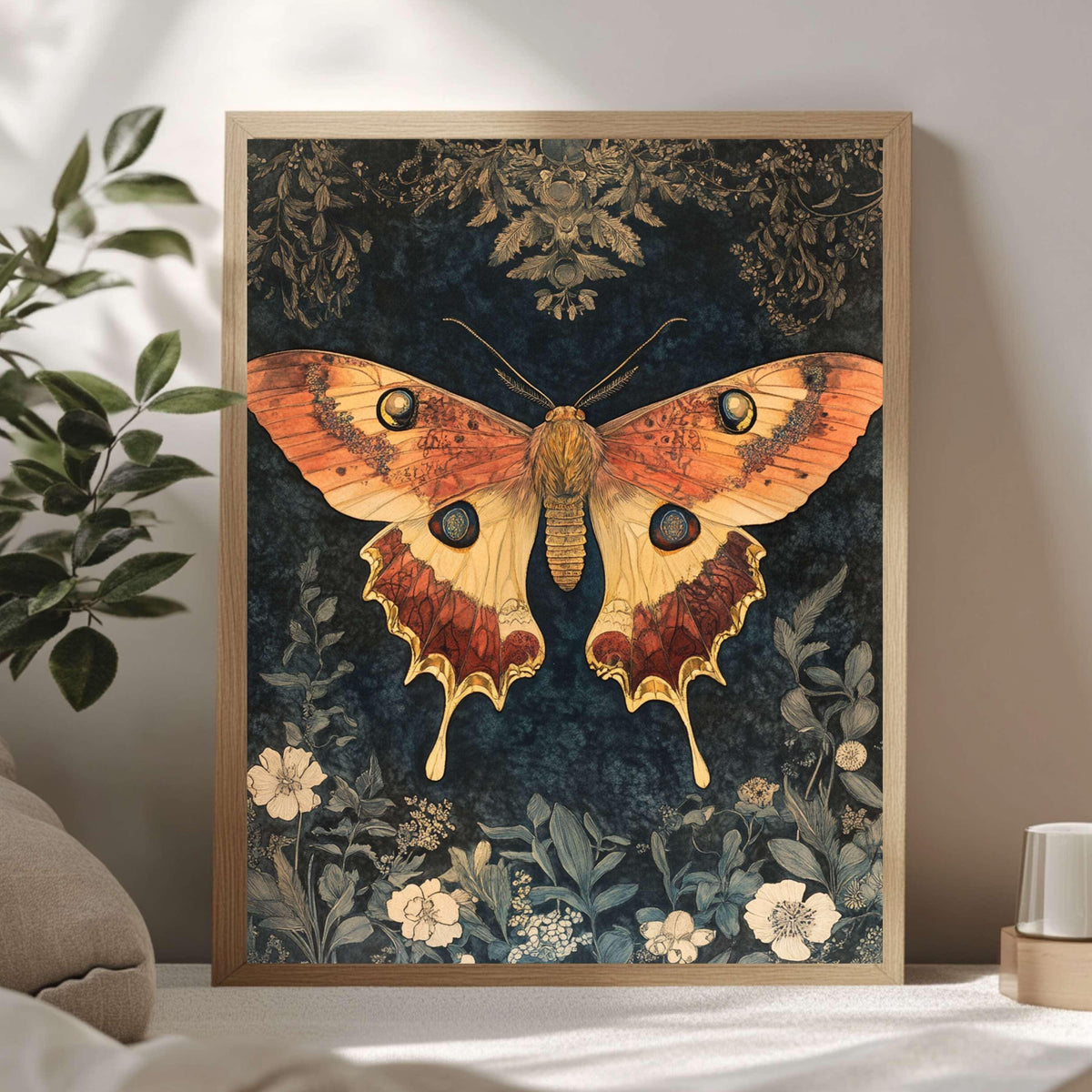 Mystical Garden Moth William Morris Style Wall Art, Framed Wooden Canvas Moth Print, Vintage Aesthetic Decor, Nature Inspired Home Gallery