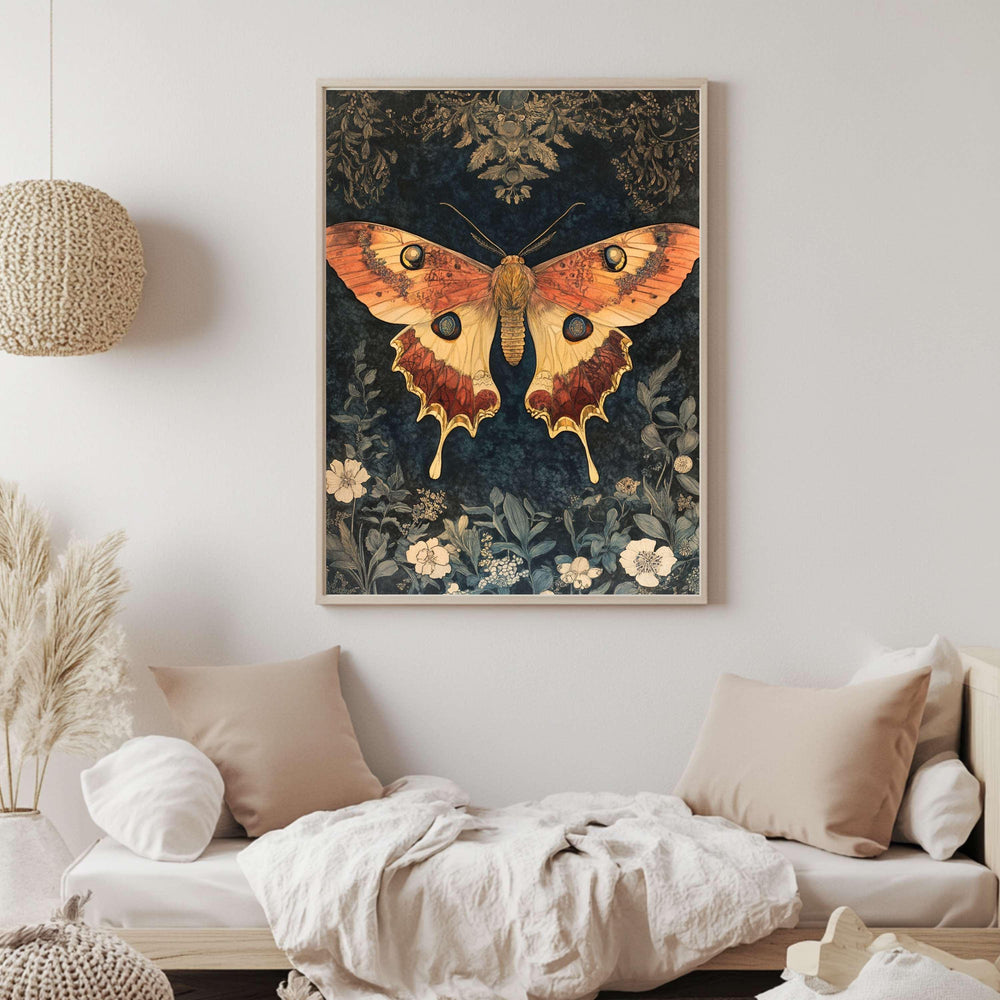 Mystical Garden Moth William Morris Style Wall Art, Framed Wooden Canvas Moth Print, Vintage Aesthetic Decor, Nature Inspired Home Gallery