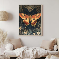 Mystical Garden Moth William Morris Style Wall Art, Framed Wooden Canvas Moth Print, Vintage Aesthetic Decor, Nature Inspired Home Gallery