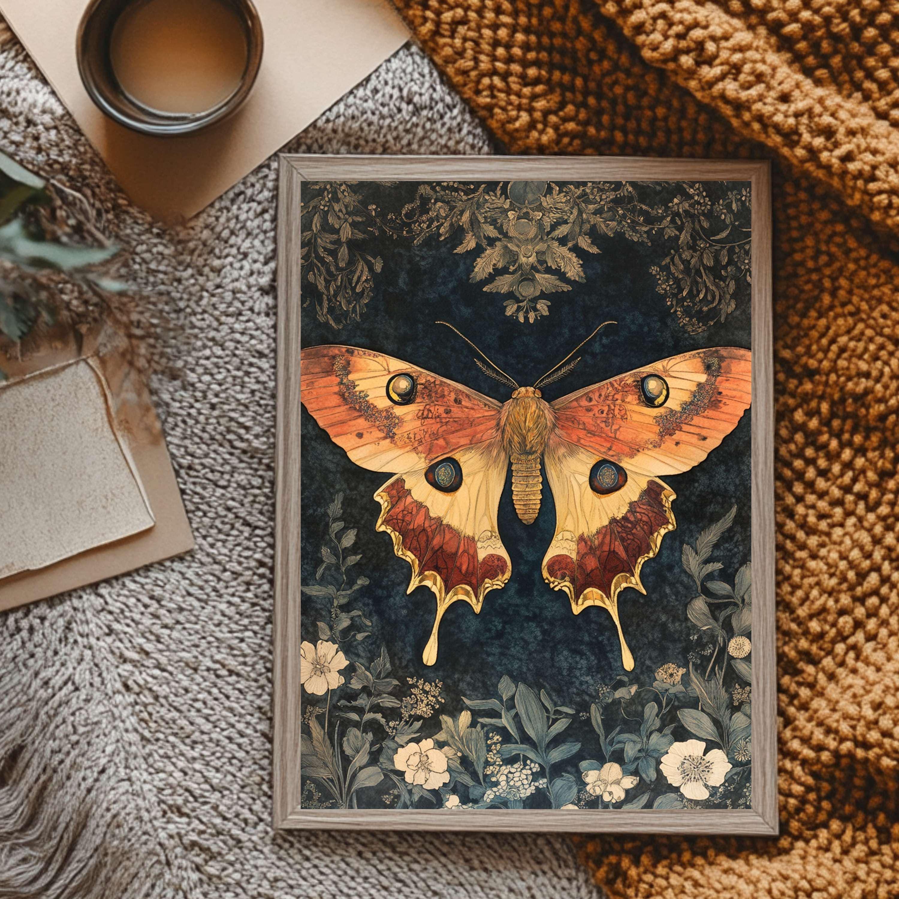 Mystical Garden Moth William Morris Style Wall Art, Framed Wooden Canvas Moth Print, Vintage Aesthetic Decor, Nature Inspired Home Gallery