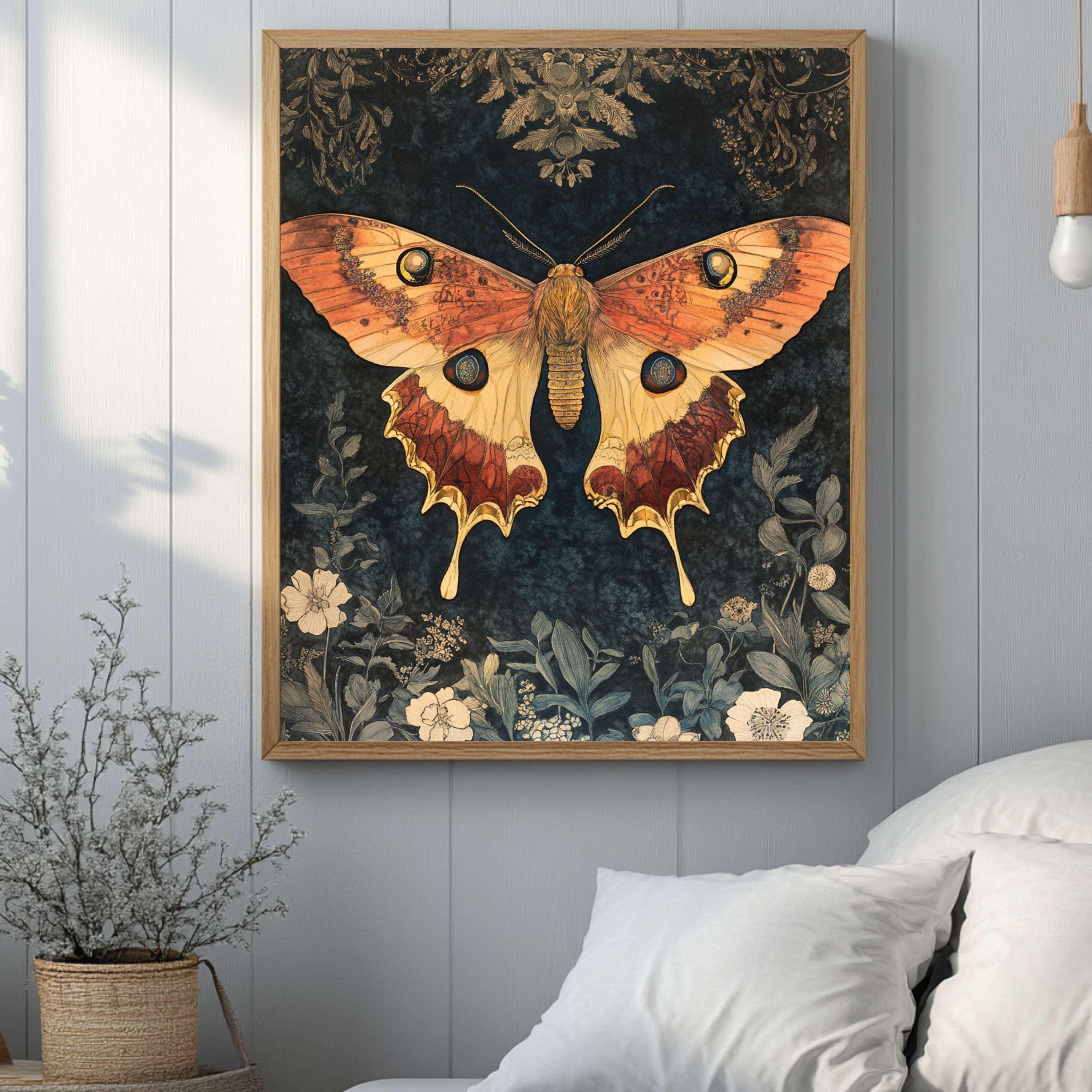 Mystical Garden Moth William Morris Style Wall Art, Framed Wooden Canvas Moth Print, Vintage Aesthetic Decor, Nature Inspired Home Gallery