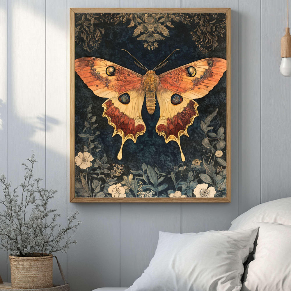 Mystical Garden Moth William Morris Style Wall Art, Framed Wooden Canvas Moth Print, Vintage Aesthetic Decor, Nature Inspired Home Gallery