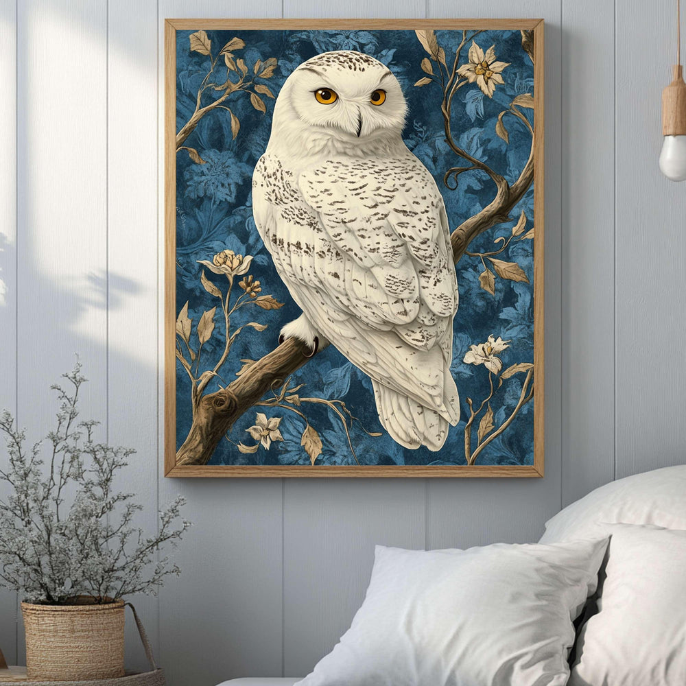 Snowy Owl William Morris Style Wall Art, Vintage Bird Print, William Morris Inspired Home Gallery, Cottagecore Decor, Woodland Owl Print