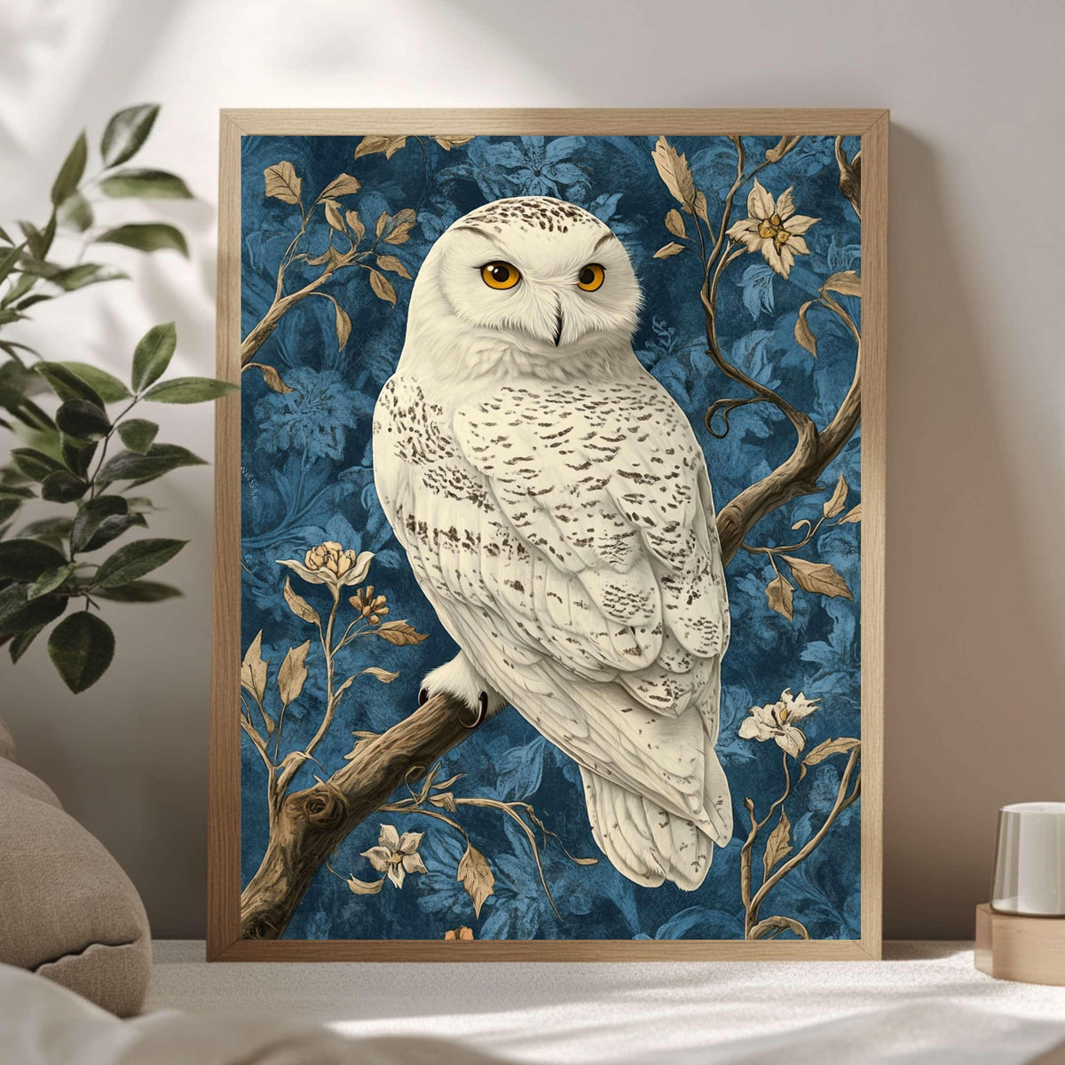 Snowy Owl William Morris Style Wall Art, Vintage Bird Print, William Morris Inspired Home Gallery, Cottagecore Decor, Woodland Owl Print