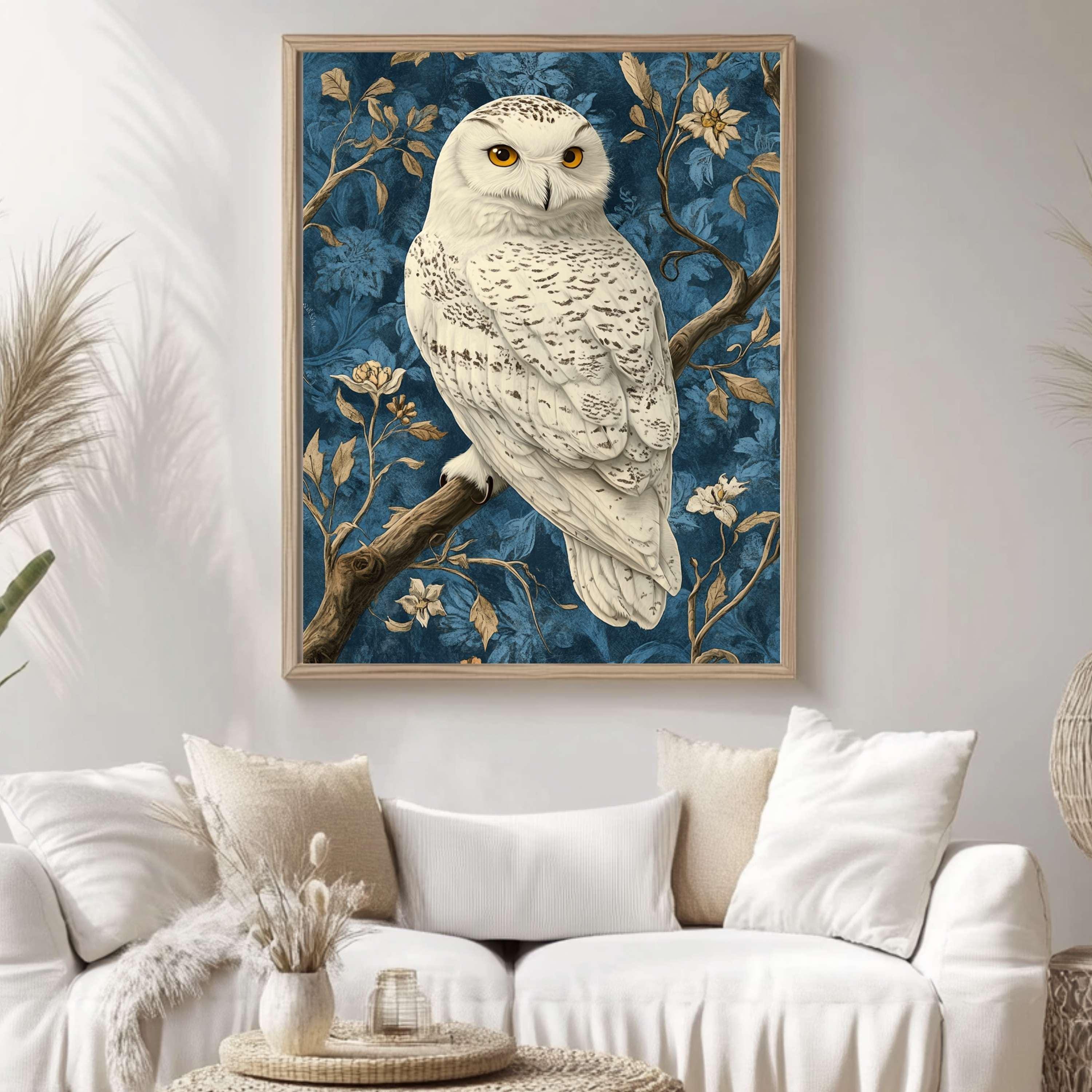 Snowy Owl William Morris Style Wall Art, Vintage Bird Print, William Morris Inspired Home Gallery, Cottagecore Decor, Woodland Owl Print