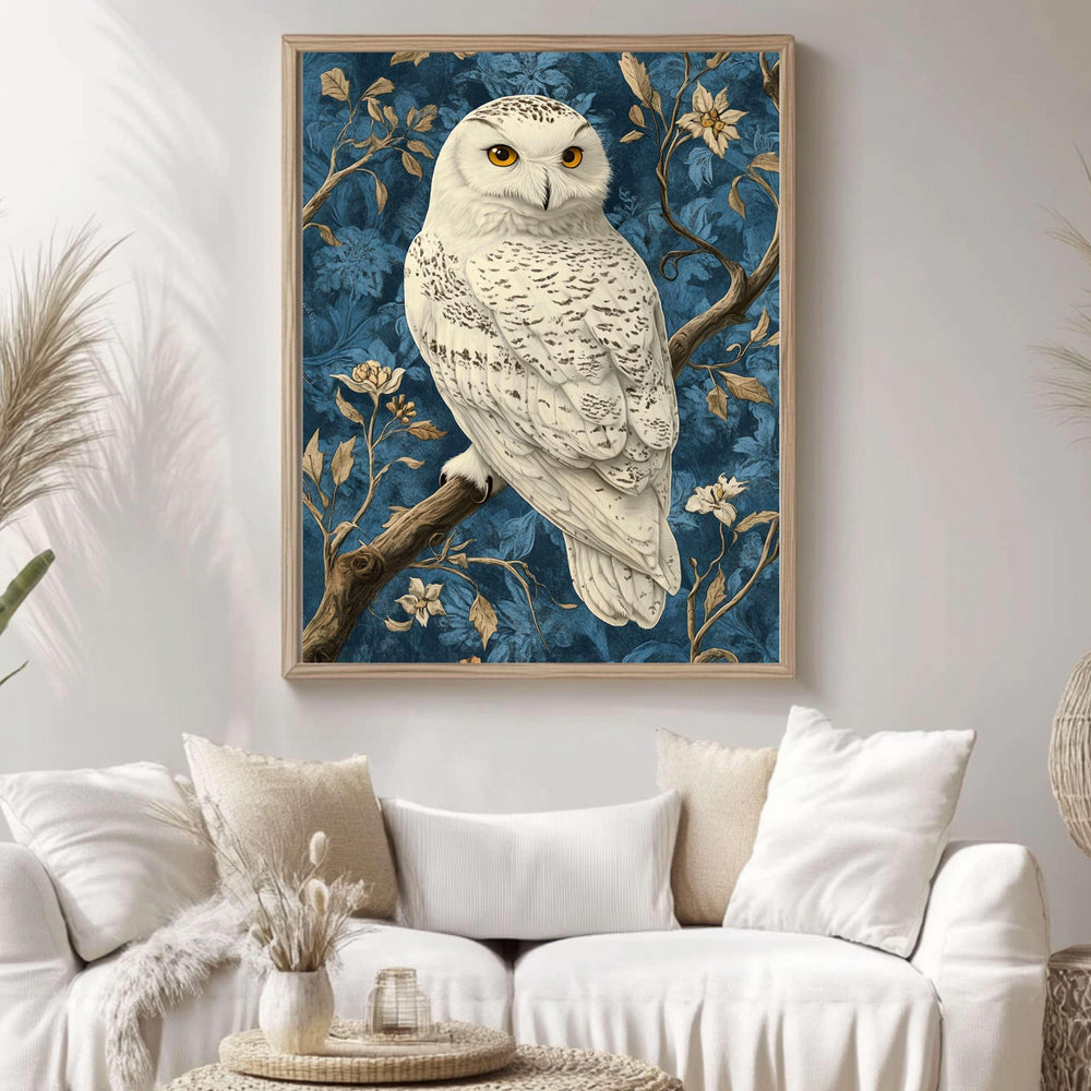 Snowy Owl William Morris Style Wall Art, Vintage Bird Print, William Morris Inspired Home Gallery, Cottagecore Decor, Woodland Owl Print