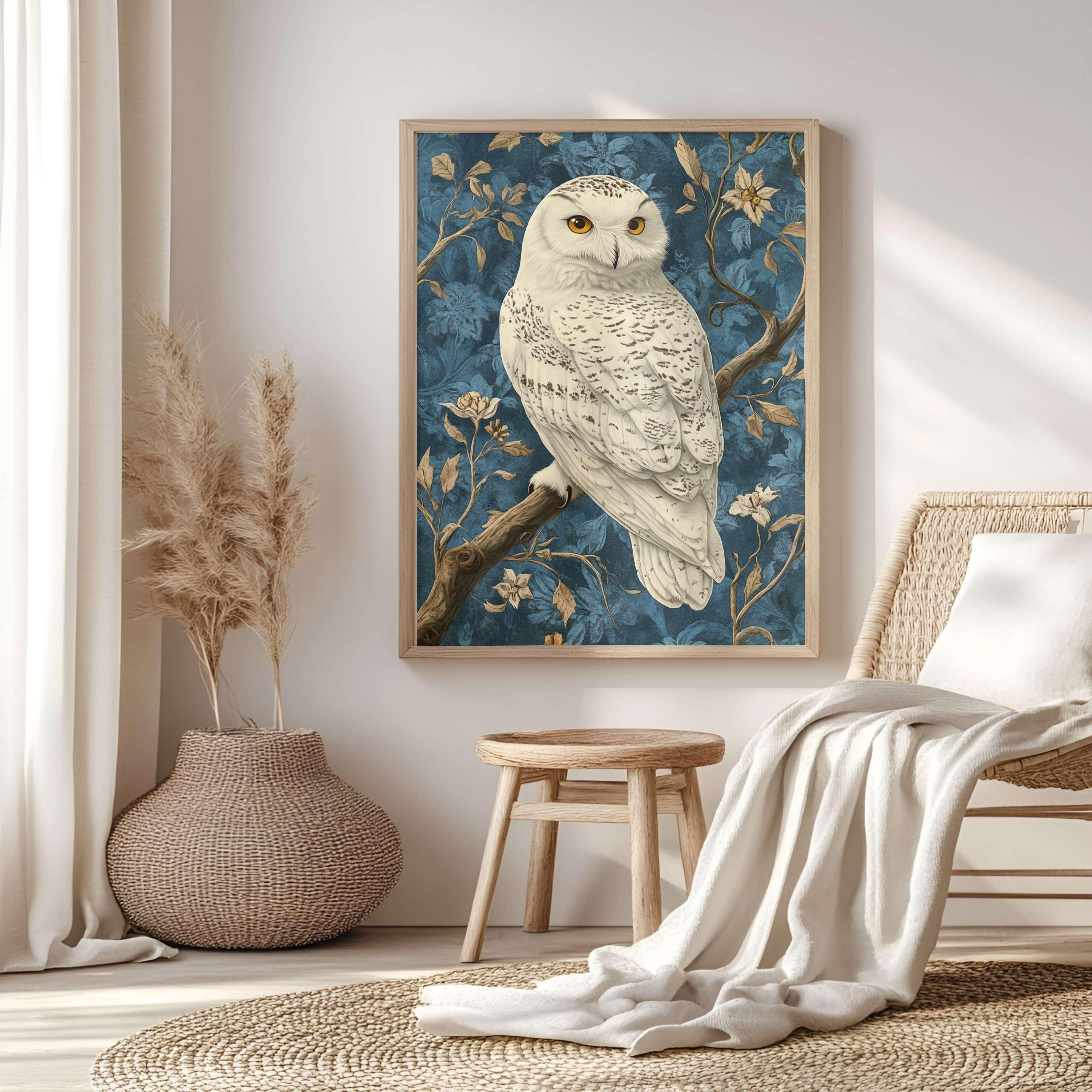 Snowy Owl William Morris Style Wall Art, Vintage Bird Print, William Morris Inspired Home Gallery, Cottagecore Decor, Woodland Owl Print