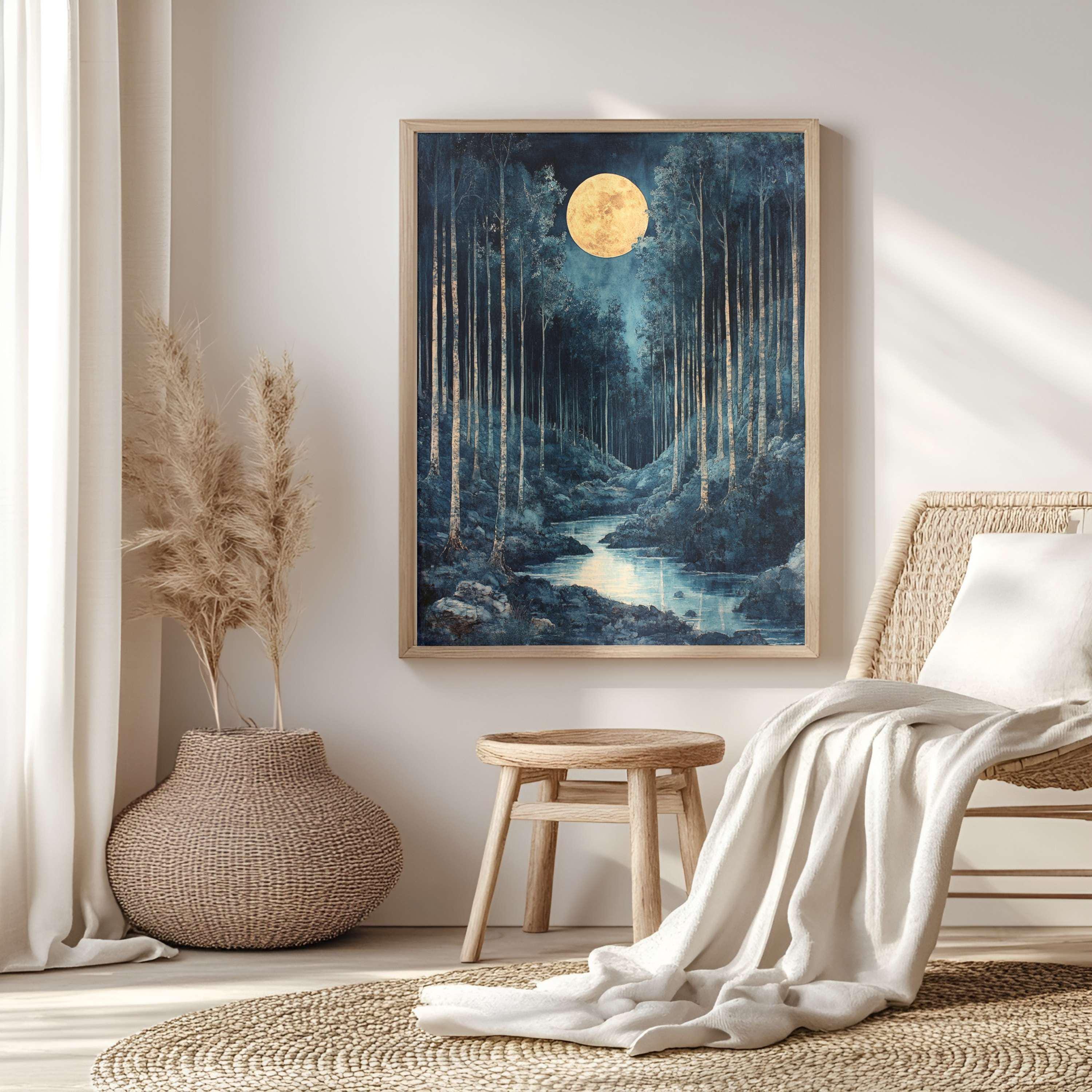 Mystical Moonlit Forest Canvas Wall Art, Framed Wooden Canvas Dark Forest Print, Rustic Cottagecore Home Decor, Nature Inspired Gallery