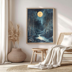 Mystical Moonlit Forest Canvas Wall Art, Framed Wooden Canvas Dark Forest Print, Rustic Cottagecore Home Decor, Nature Inspired Gallery