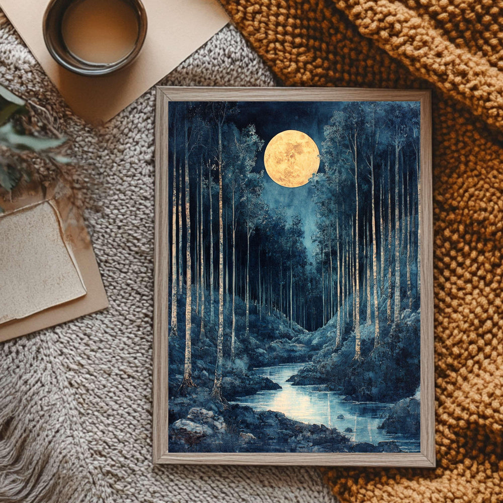 Mystical Moonlit Forest Canvas Wall Art, Framed Wooden Canvas Dark Forest Print, Rustic Cottagecore Home Decor, Nature Inspired Gallery