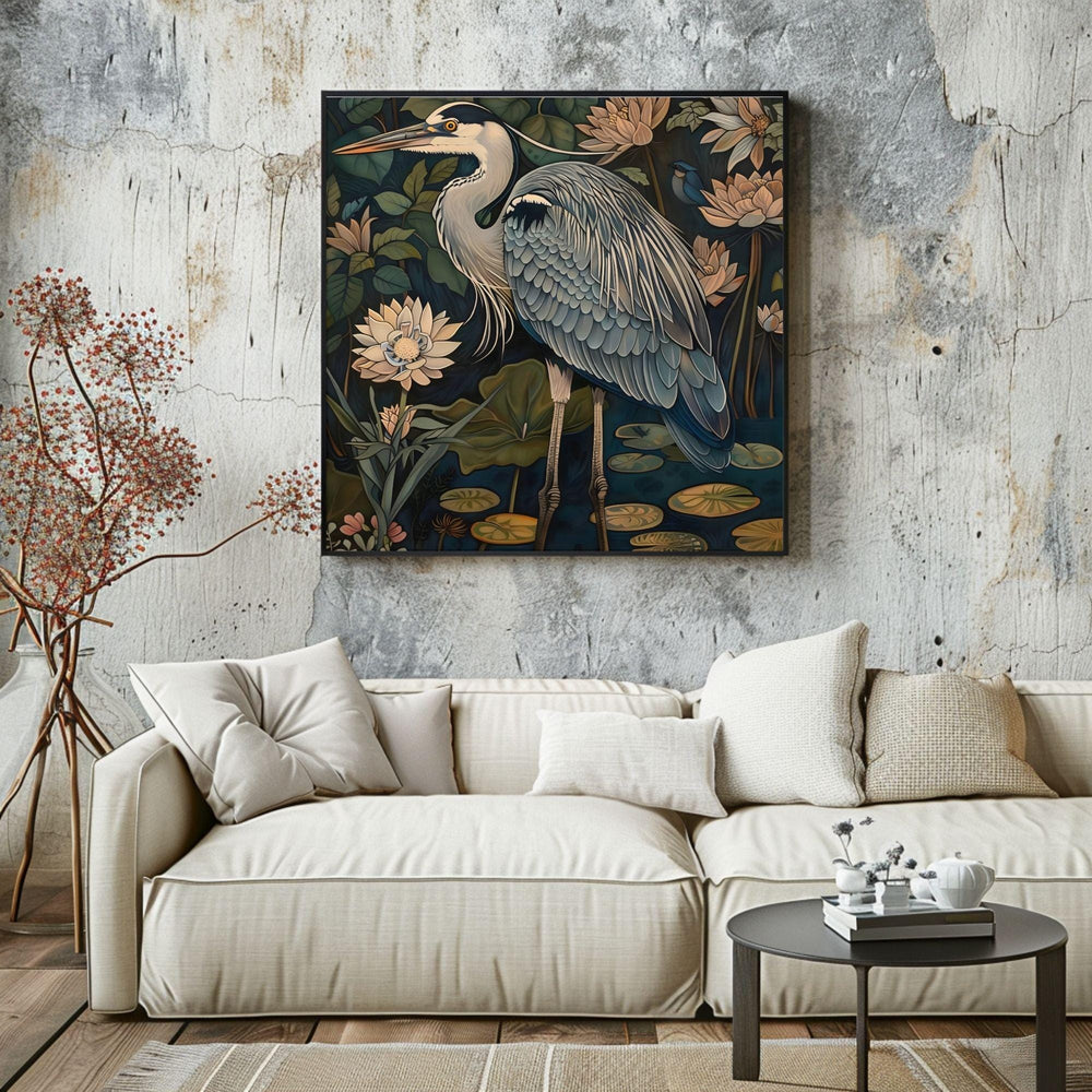 William Morris Style Blue Heron Art, Vintage Coastal Home Decor, Framed Nature Canvas Art, Vintage Inspired Illustration,Ready to Hang Decor